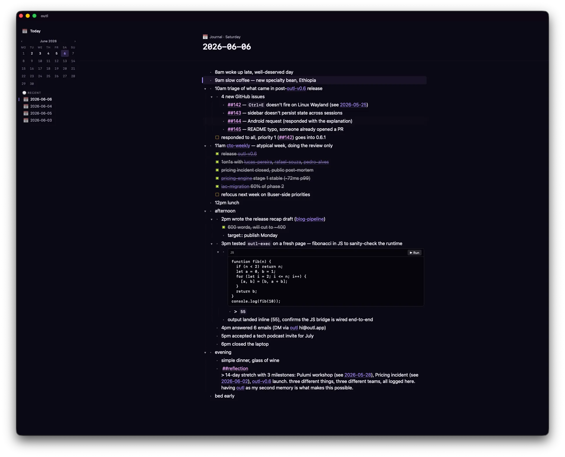 outl desktop app showing a daily note with calendar sidebar on macOS