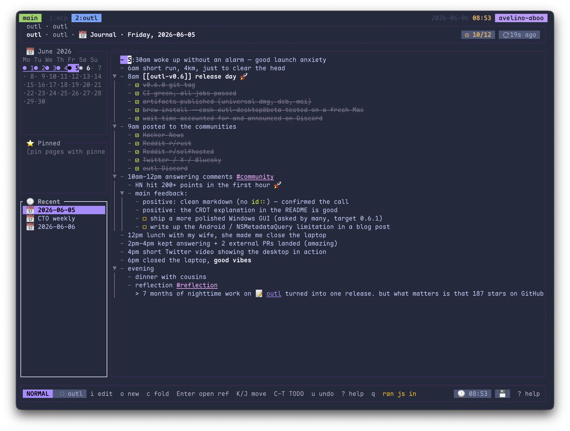 outl terminal UI with calendar, pinned pages and recent panels