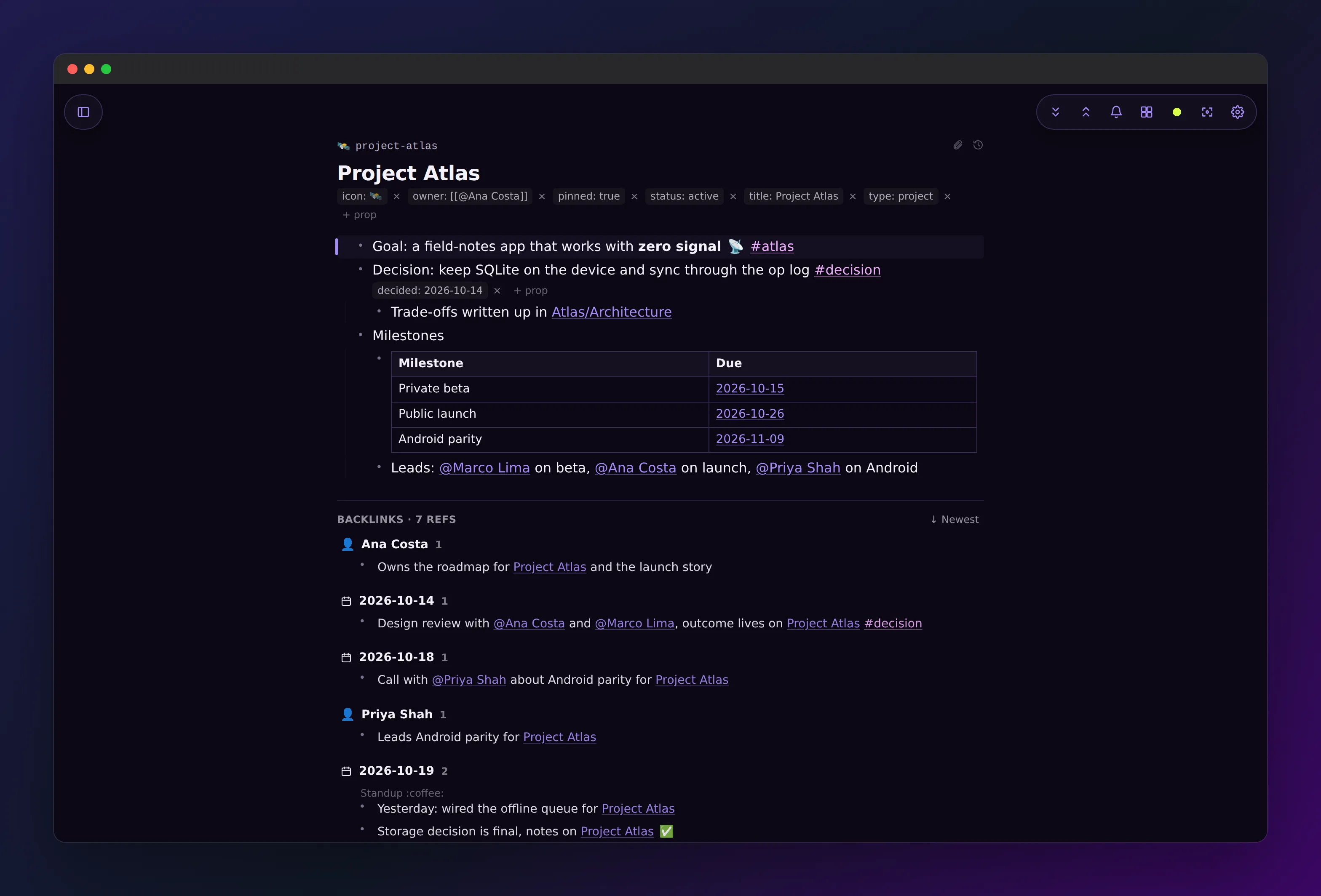 the Project Atlas page open in the desktop app, with icon, owner, pinned, status, title and type chips under the title and a Milestones table below
