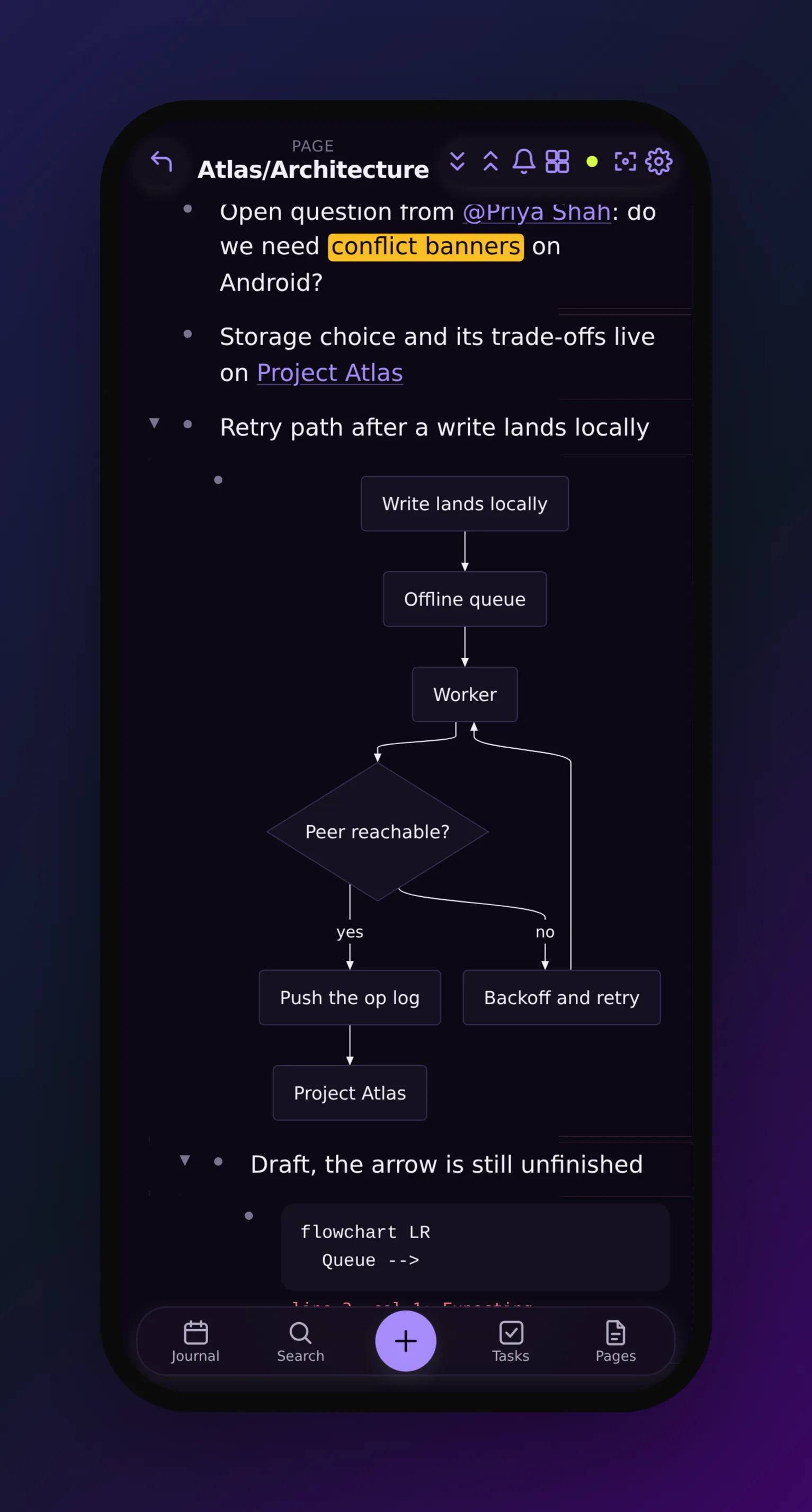 the same stacked flowchart on a slightly wider phone screen, with the question about conflict banners and the Project Atlas ref visible above it