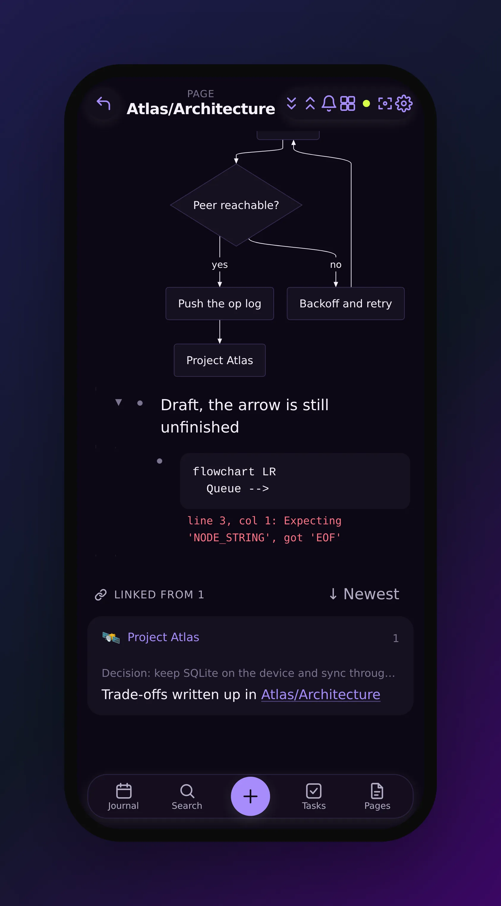 a second mermaid fence on the phone showing its own two lines of source, flowchart LR and Queue, with a red line beneath reading line 3, col 1: Expecting 'NODE_STRING', got 'EOF'