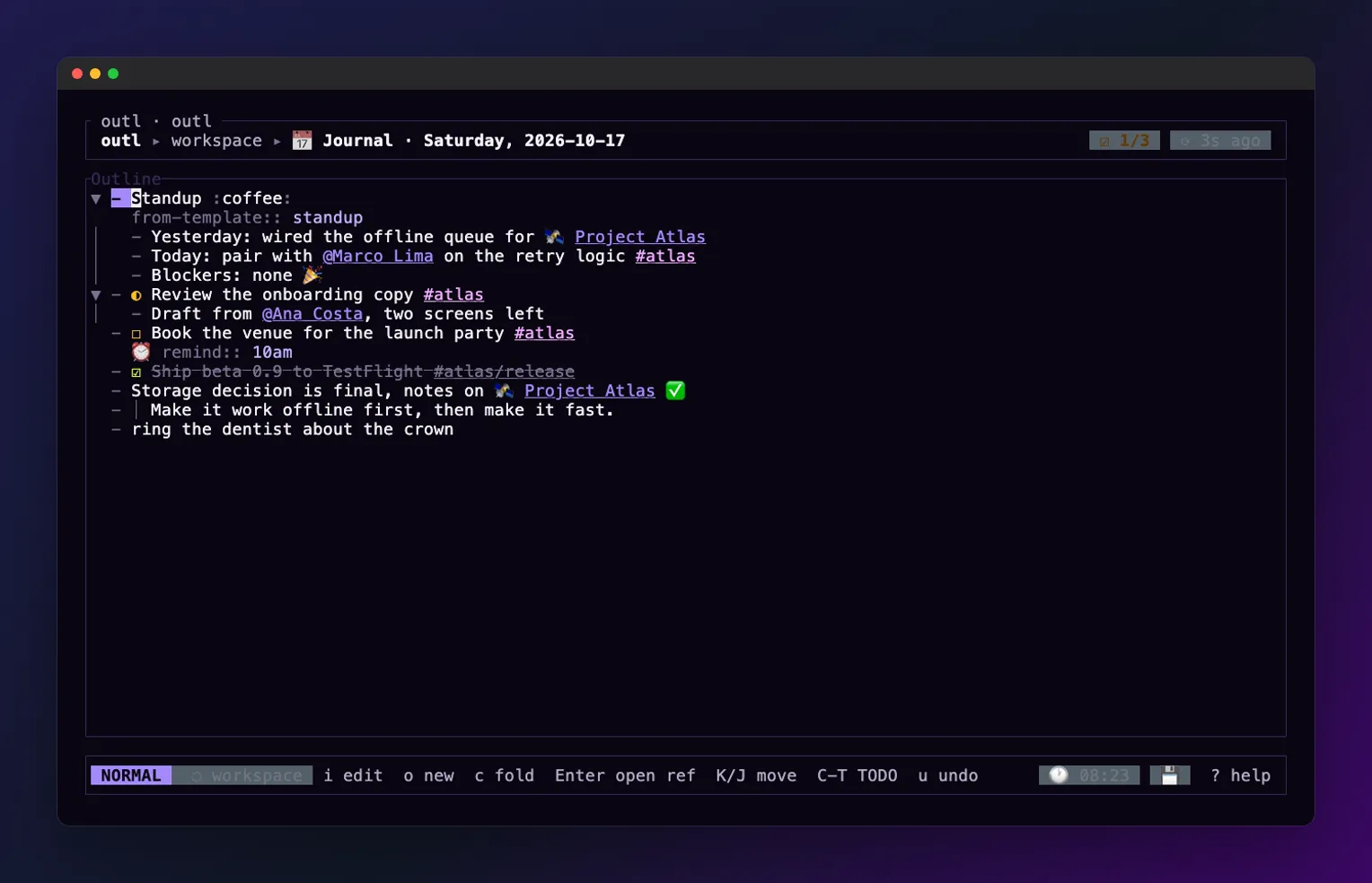 the outl terminal UI showing today's journal, with the captured line about the dentist as the last block under the day's existing notes