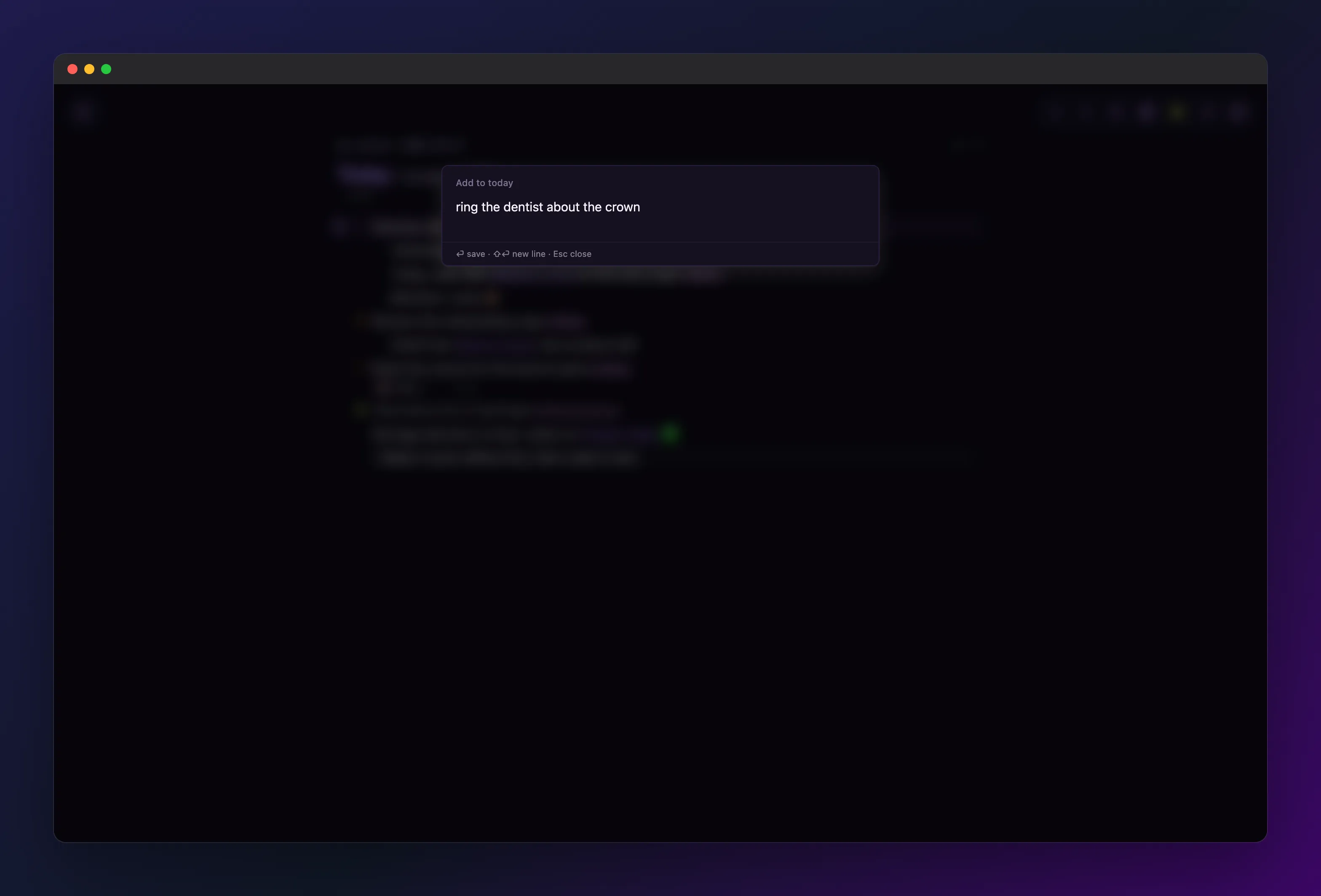 the outl desktop app with the quick capture box open over the journal, titled Add to today, with the dentist line typed into it