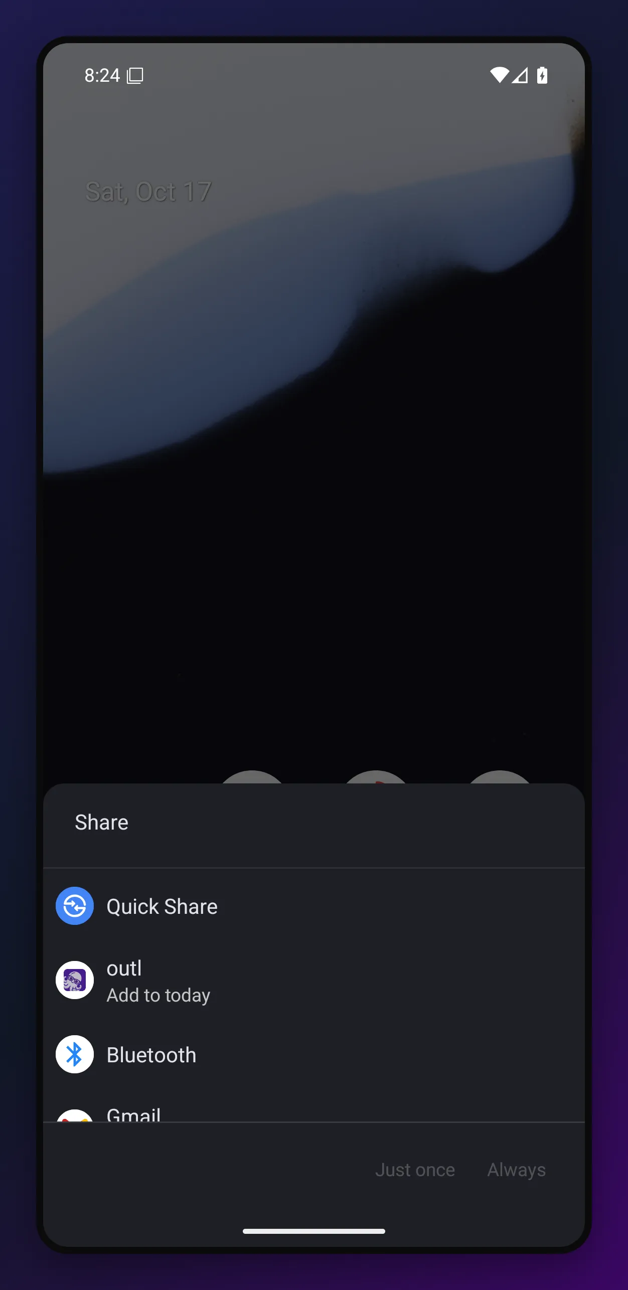the Android share sheet over a home screen, listing outl with the line Add to today under it, between Quick Share and Bluetooth