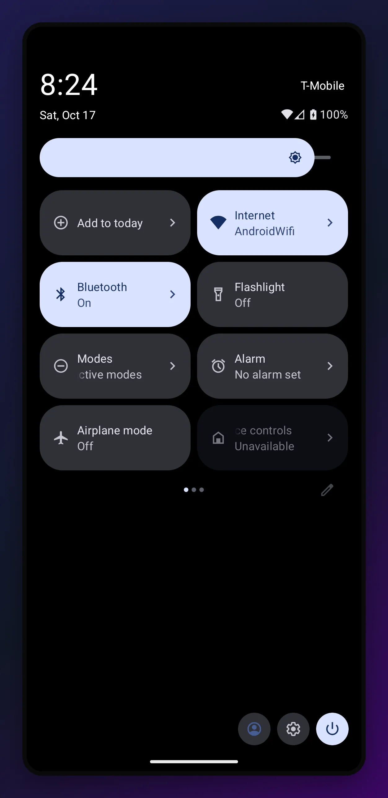 the Android quick settings panel with an Add to today tile in the first position, next to Internet and Bluetooth