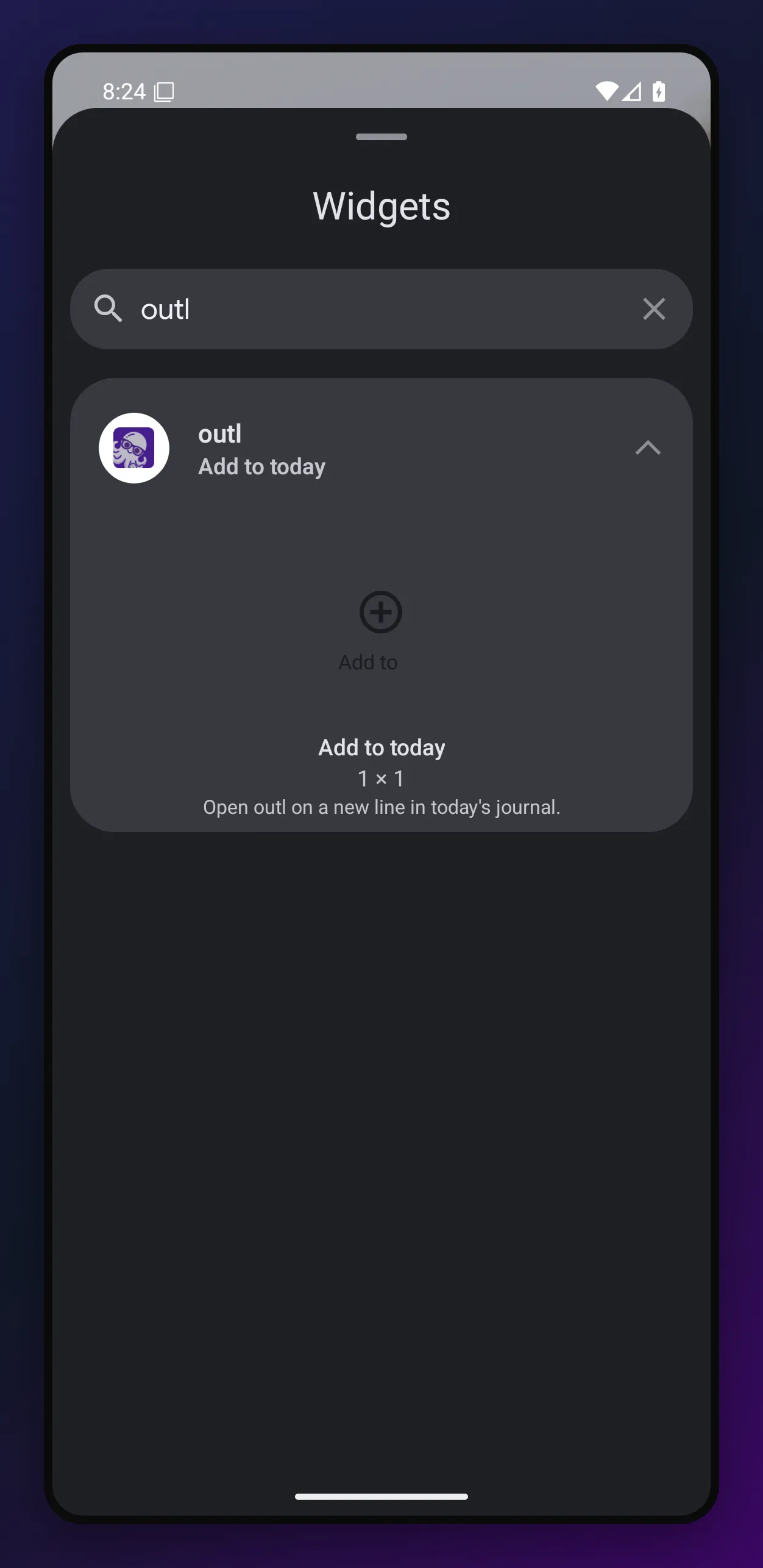 the Android widget picker filtered to outl, showing a one by one Add to today widget described as opening outl on a new line in today's journal