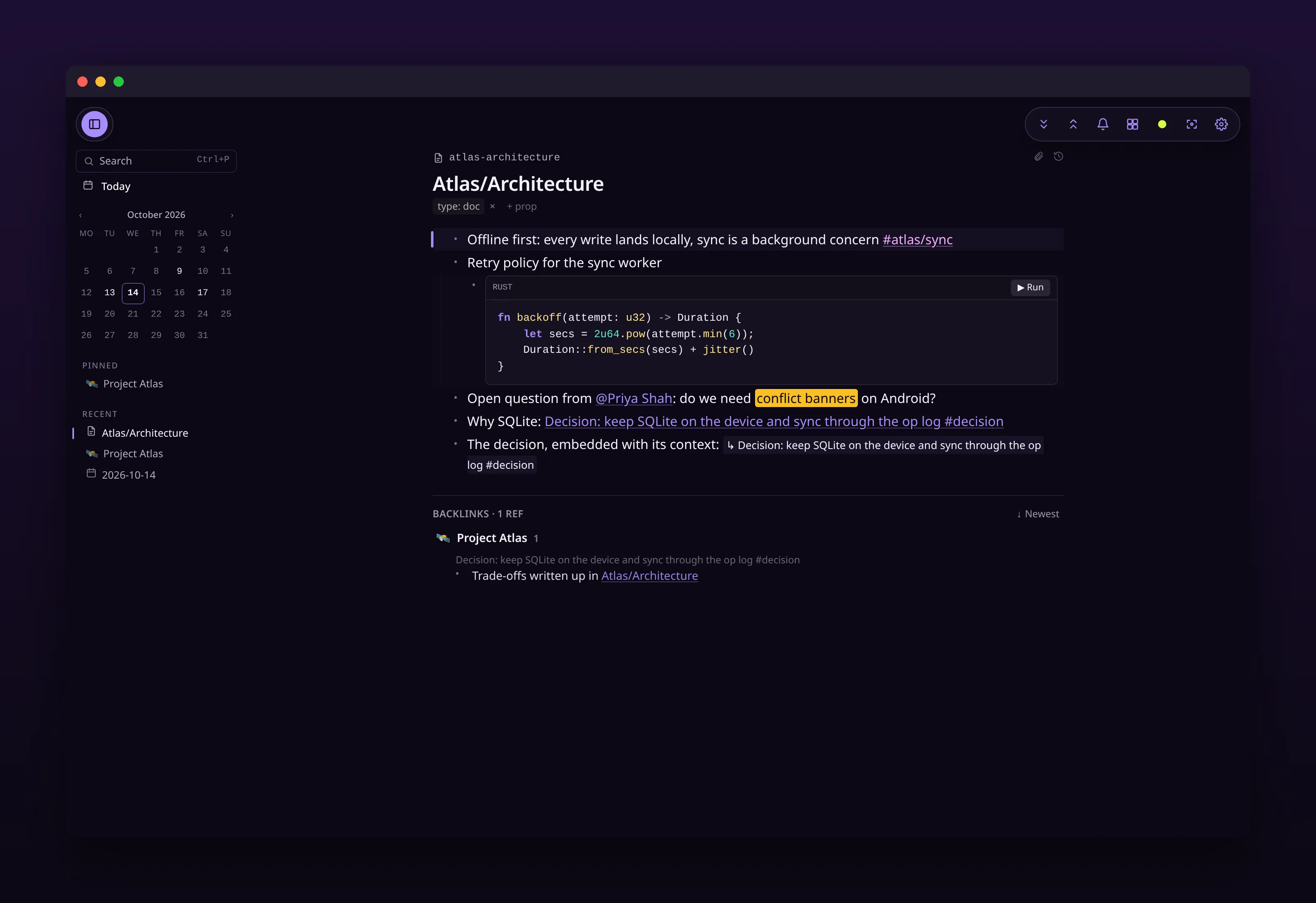 a documentation page with a fenced code block and a highlighted question, in outl on the macOS desktop app