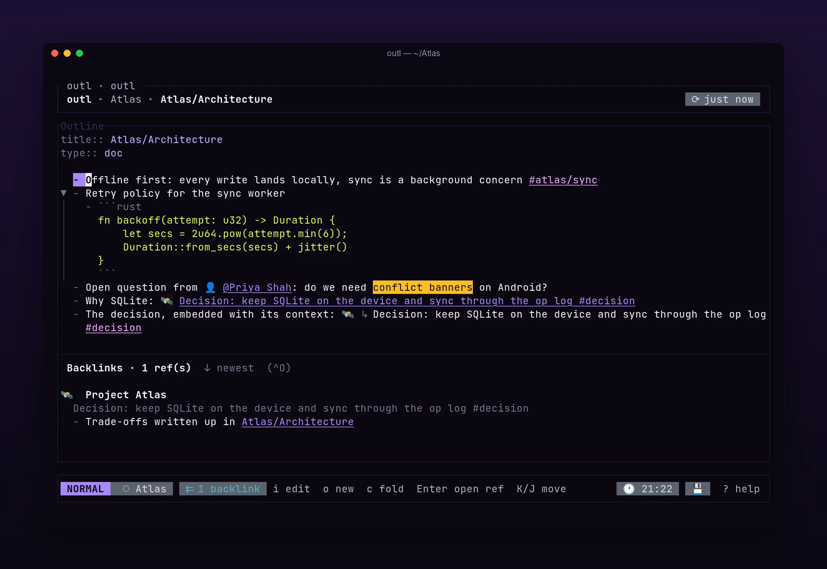 a documentation page with a fenced code block and a highlighted question, in outl on the terminal UI
