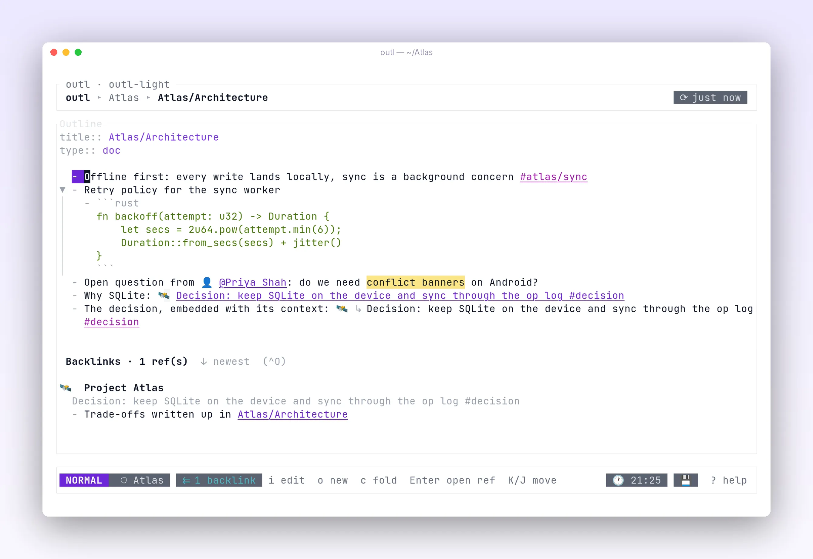 a documentation page with a fenced code block and a highlighted question, in outl on the terminal UI
