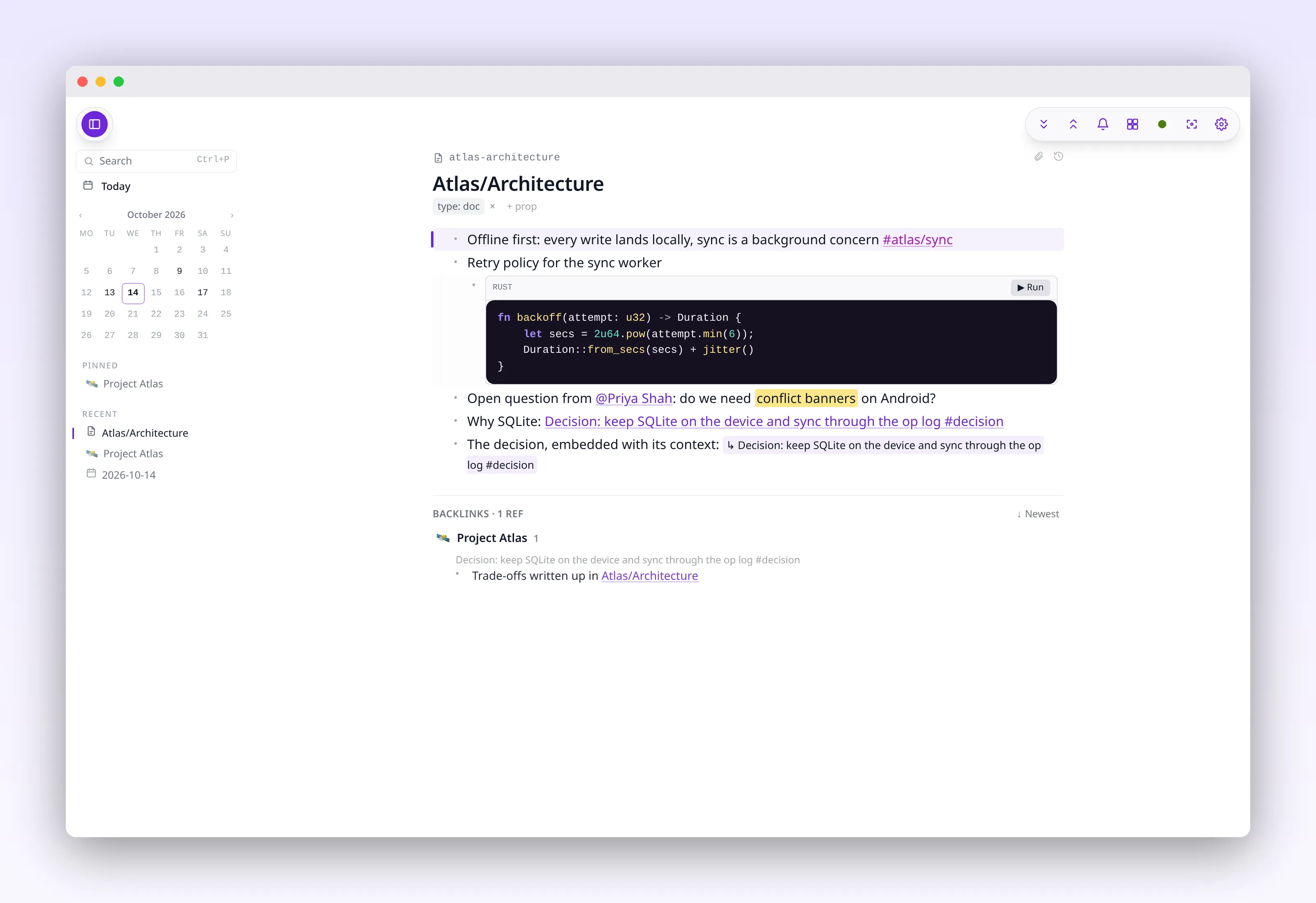 a documentation page with a fenced code block and a highlighted question, in outl on the macOS desktop app