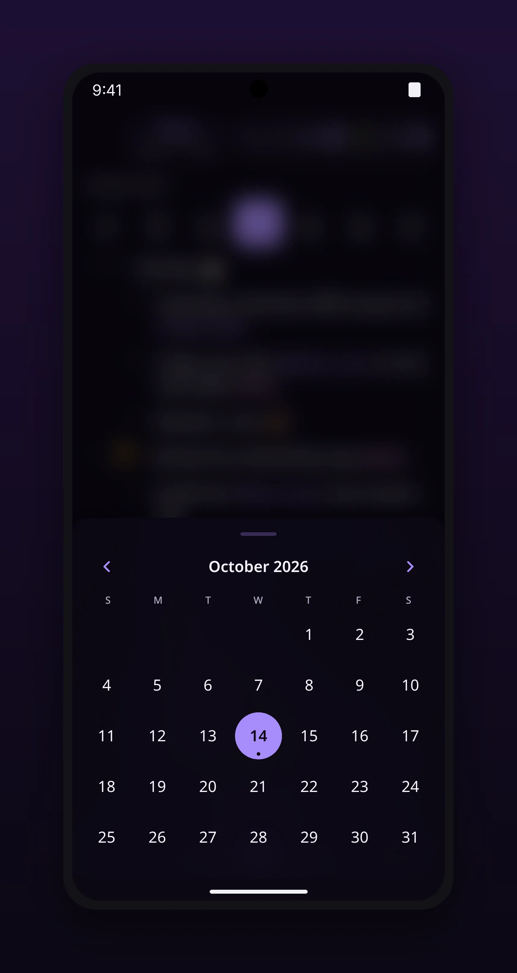 a month calendar marking the days that have content, in outl on the Android app