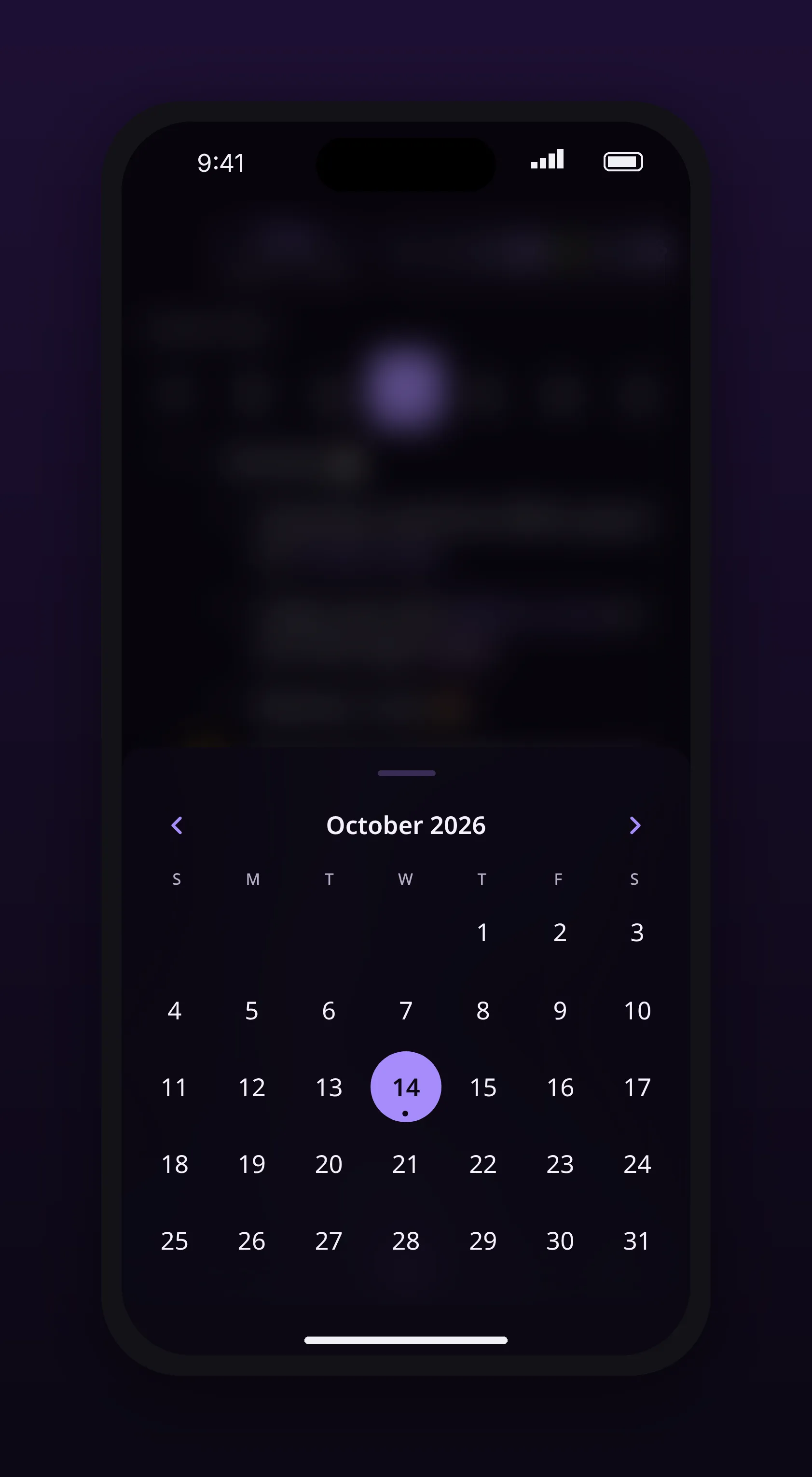 a month calendar marking the days that have content, in outl on the iOS app