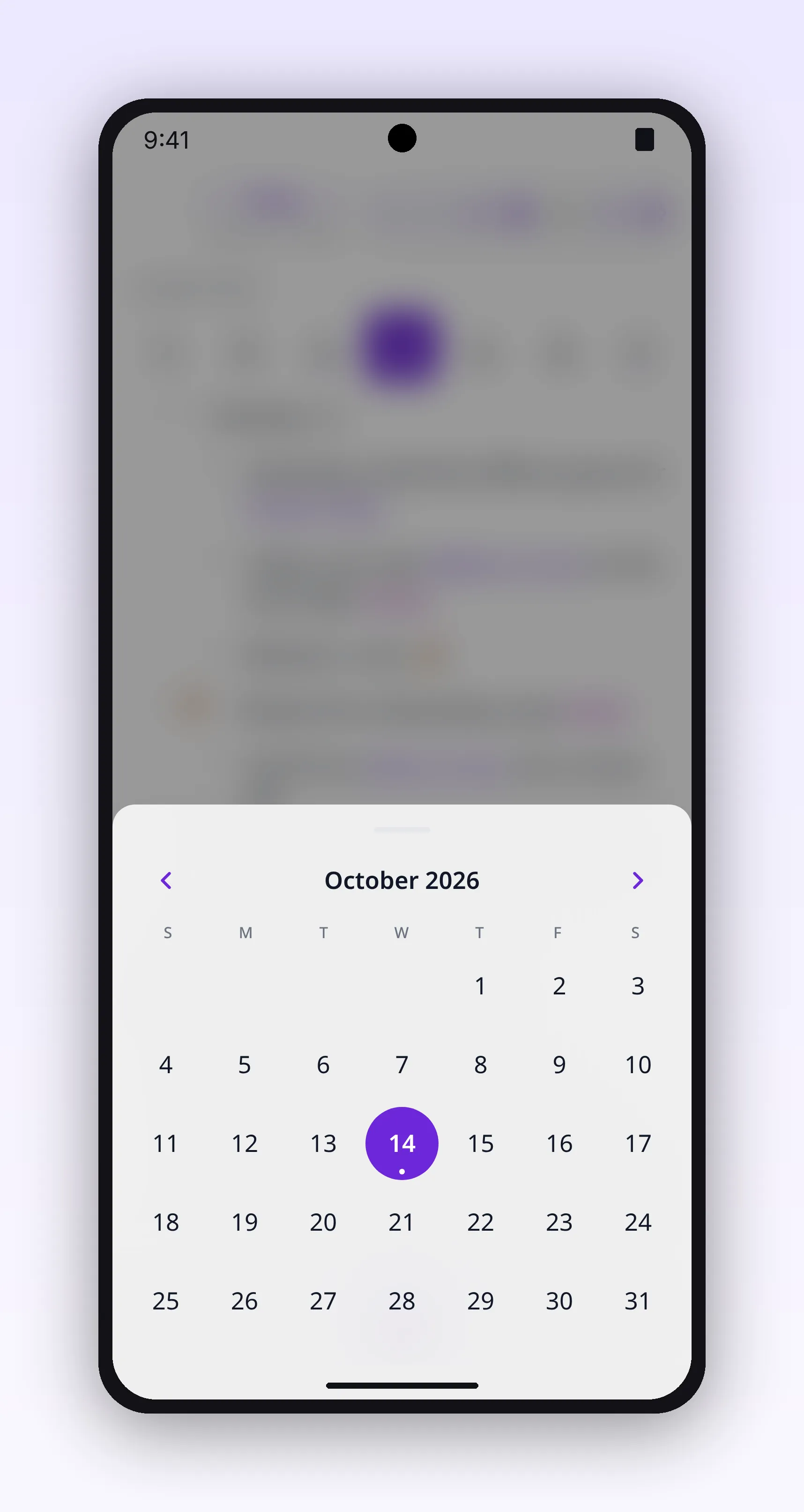a month calendar marking the days that have content, in outl on the Android app