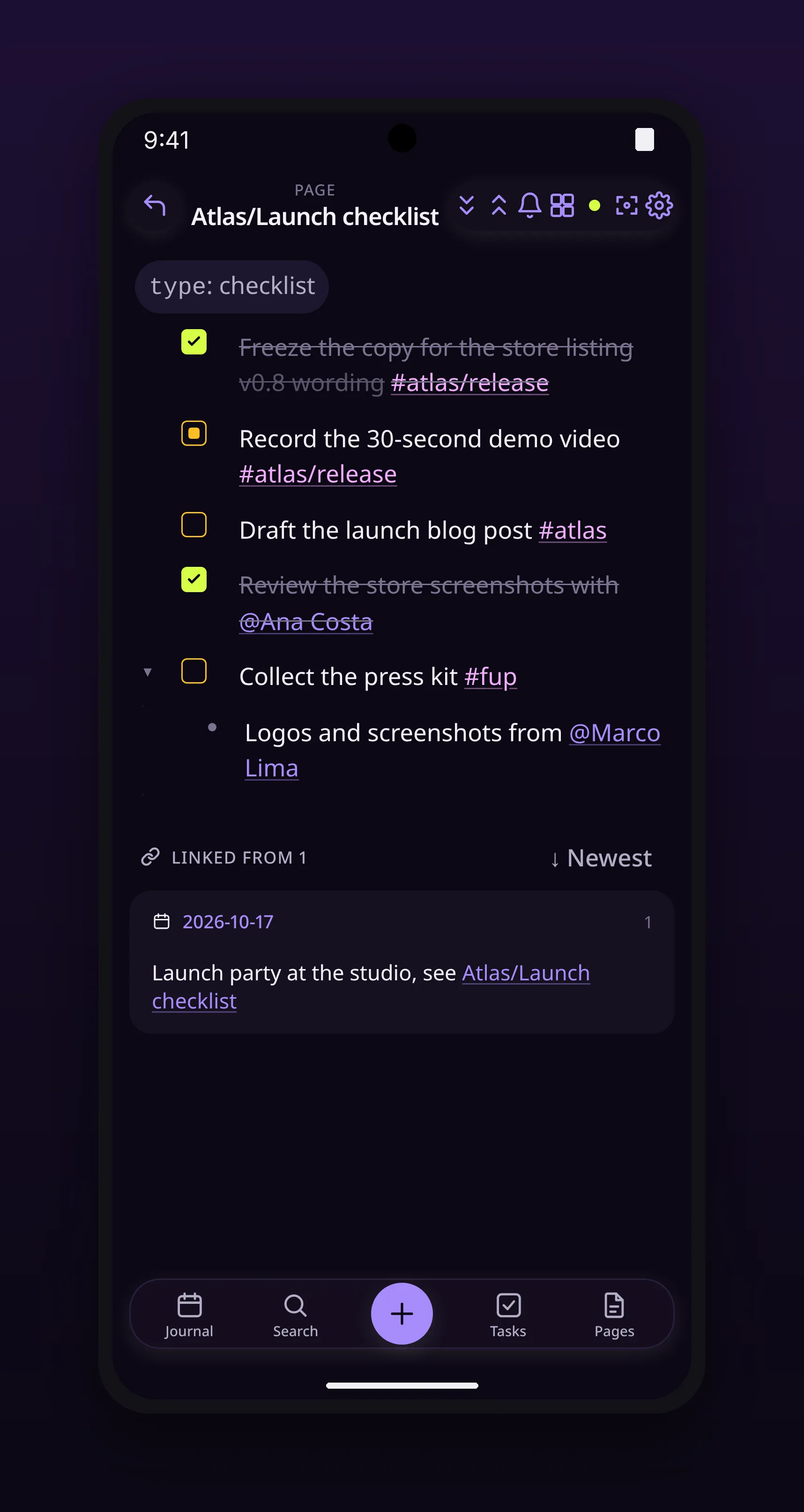 a checklist page with open and completed tasks, in outl on the Android app