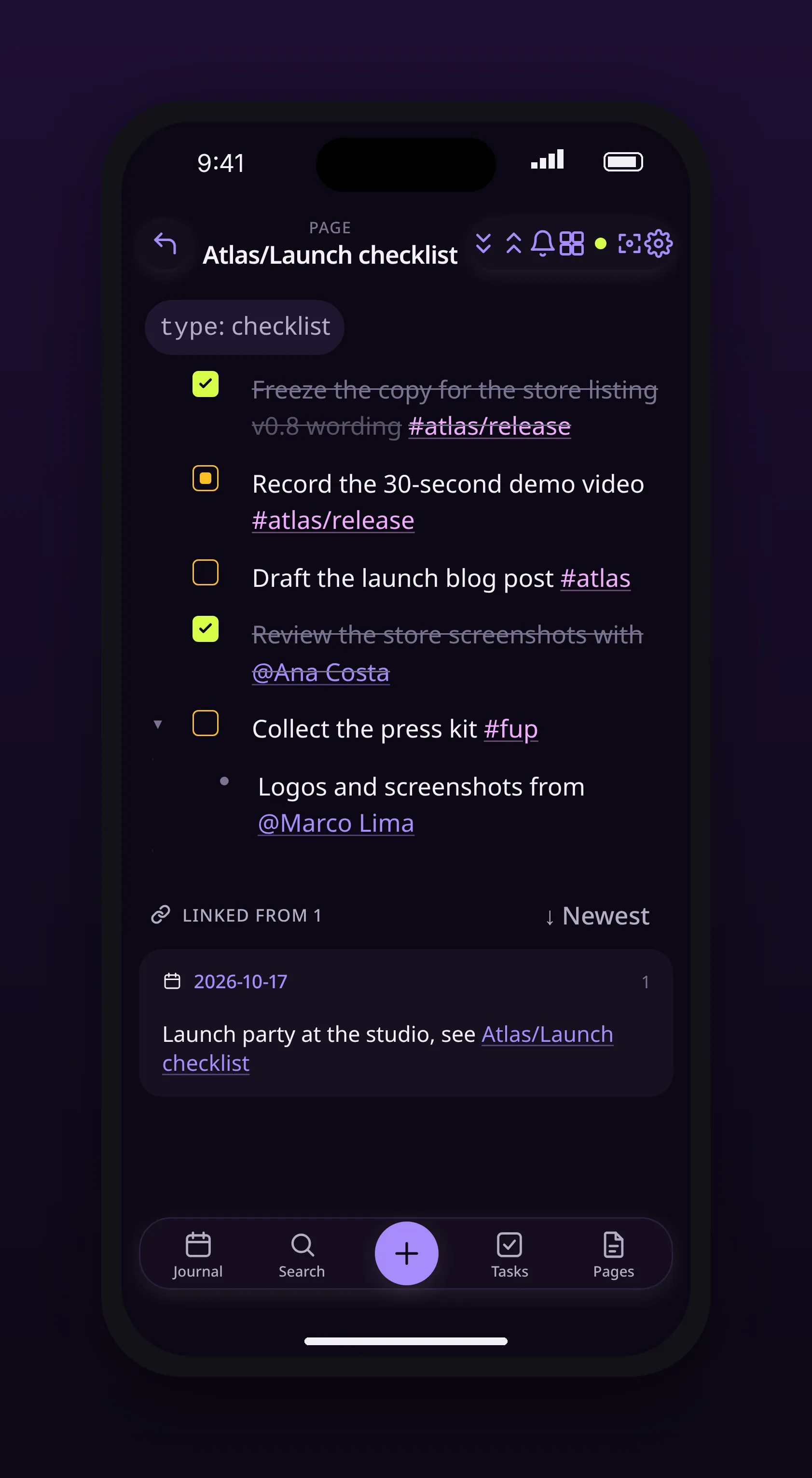 a checklist page with open and completed tasks, in outl on the iOS app