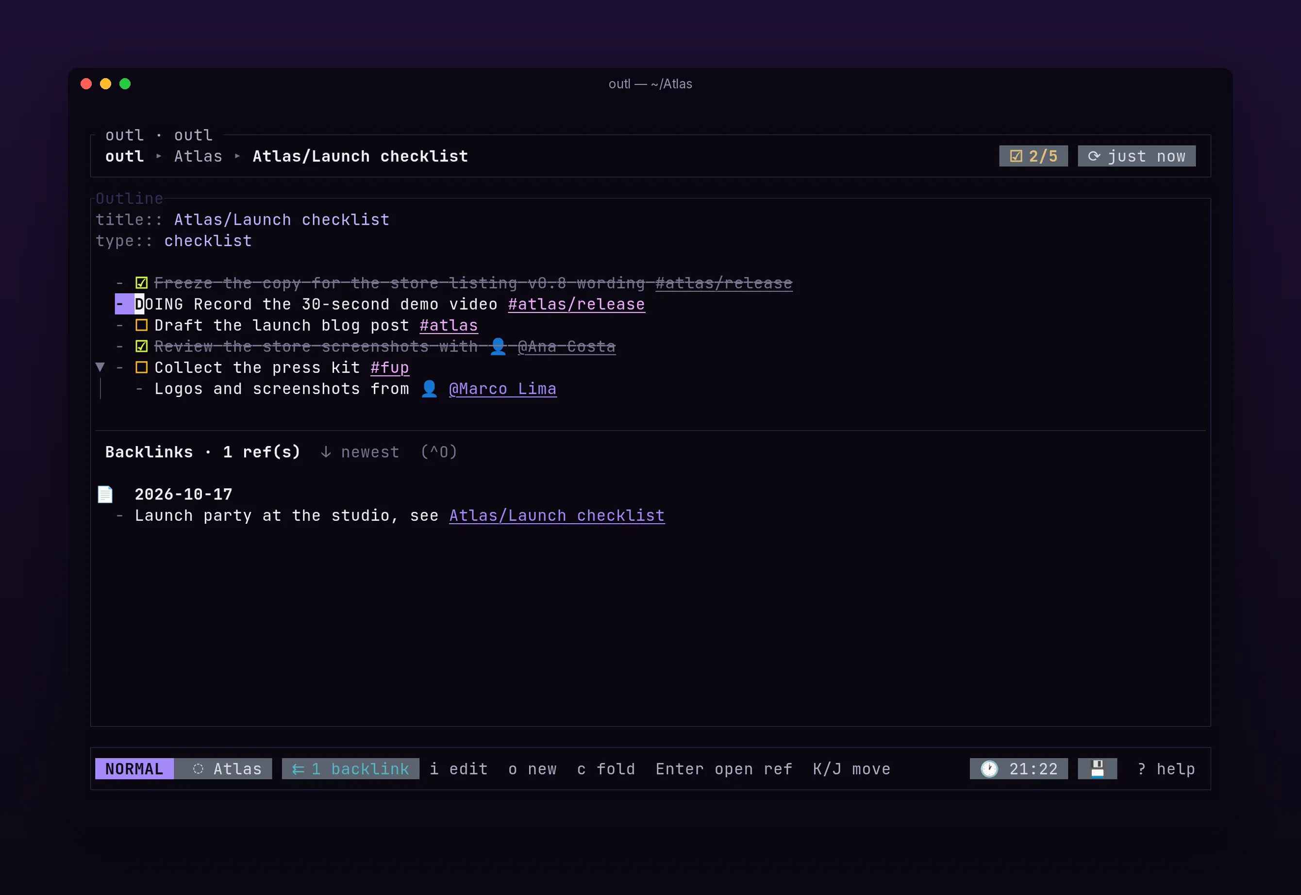 a checklist page with open and completed tasks, in outl on the terminal UI