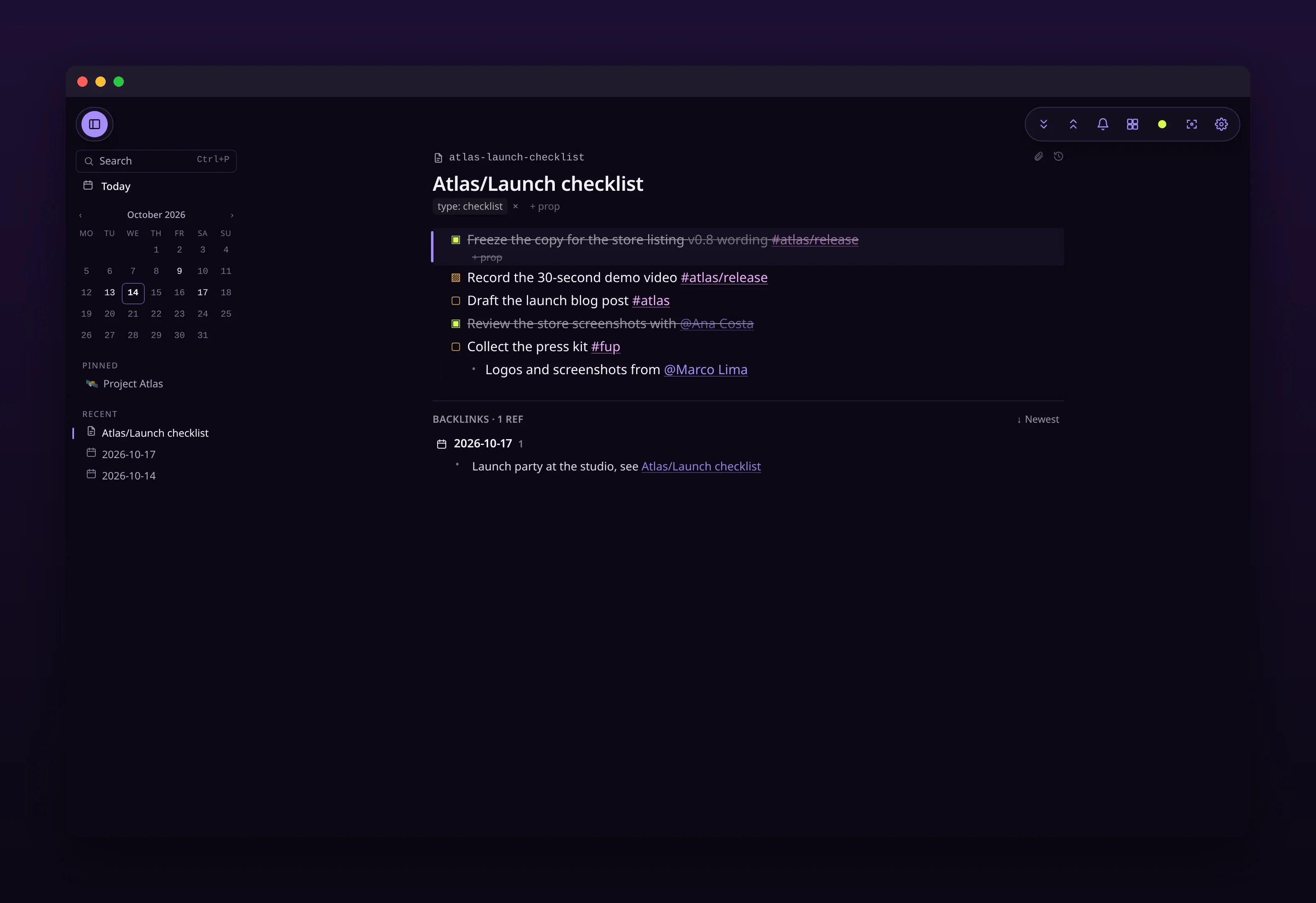a checklist page with open and completed tasks, in outl on the macOS desktop app