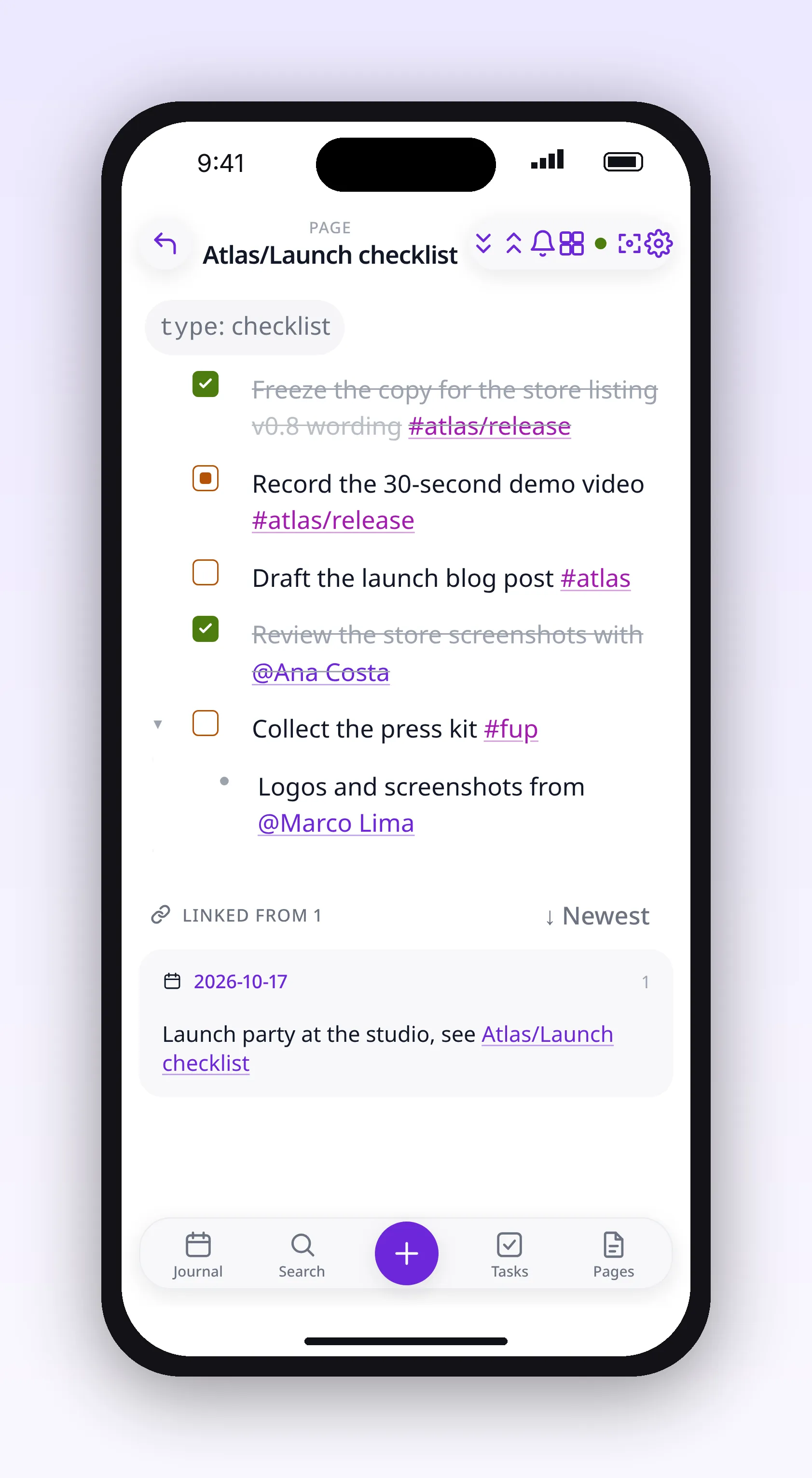 a checklist page with open and completed tasks, in outl on the iOS app
