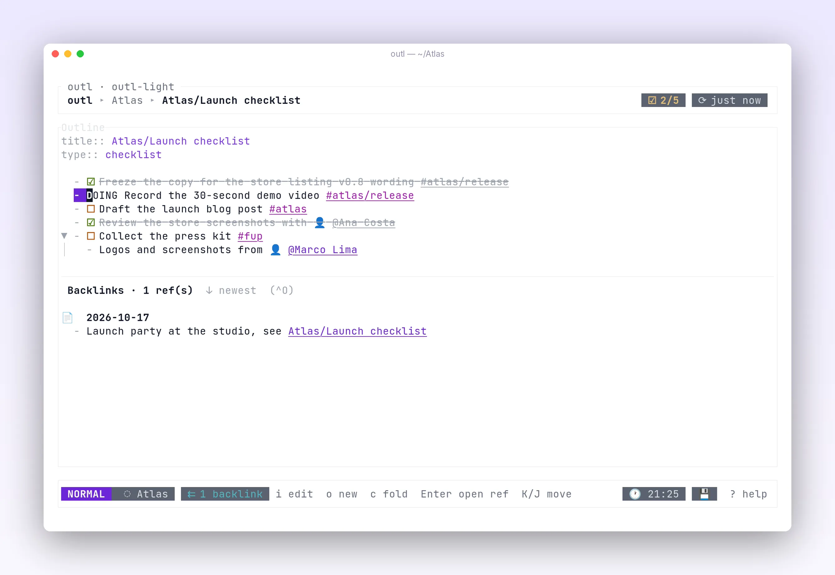 a checklist page with open and completed tasks, in outl on the terminal UI