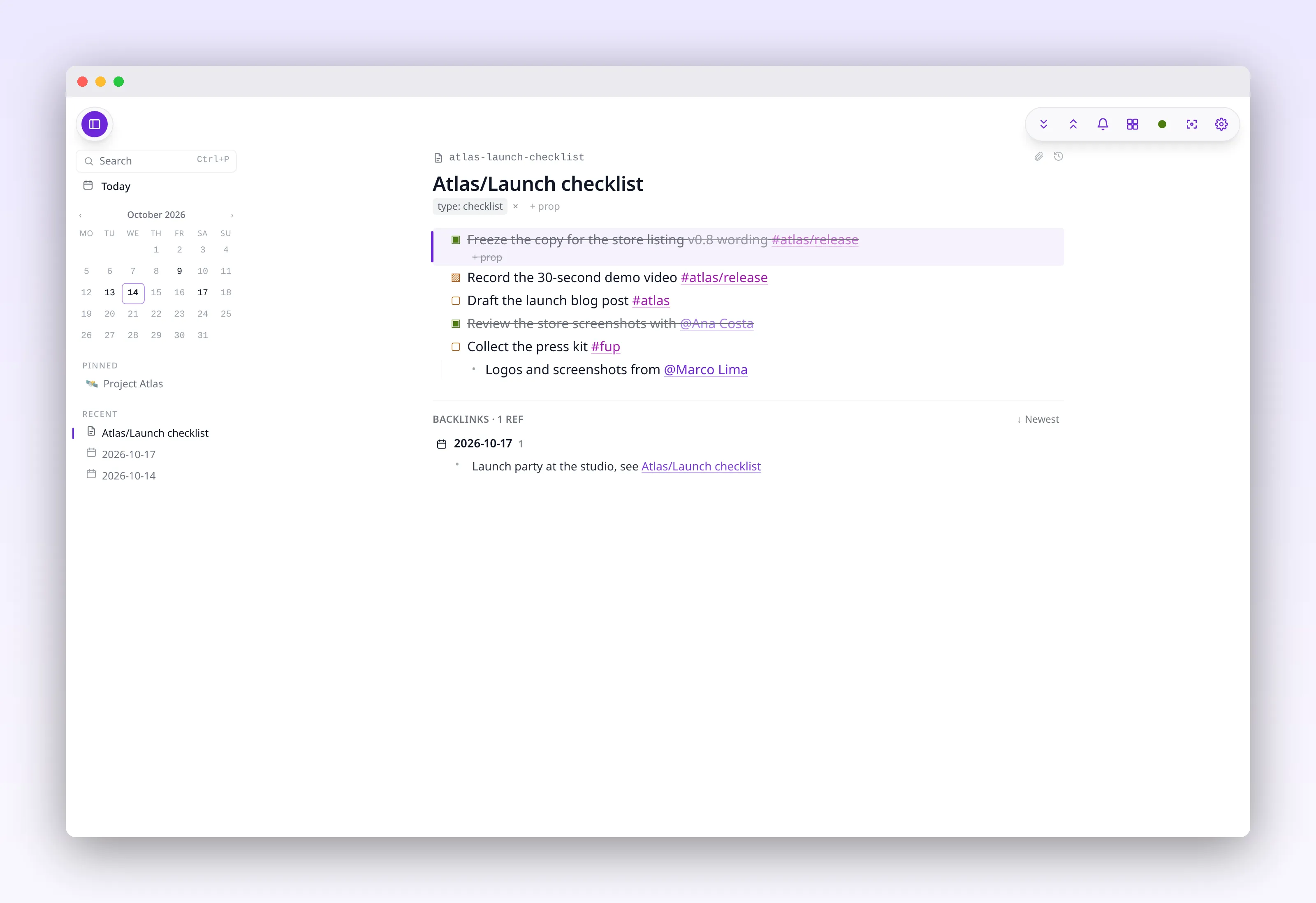 a checklist page with open and completed tasks, in outl on the macOS desktop app