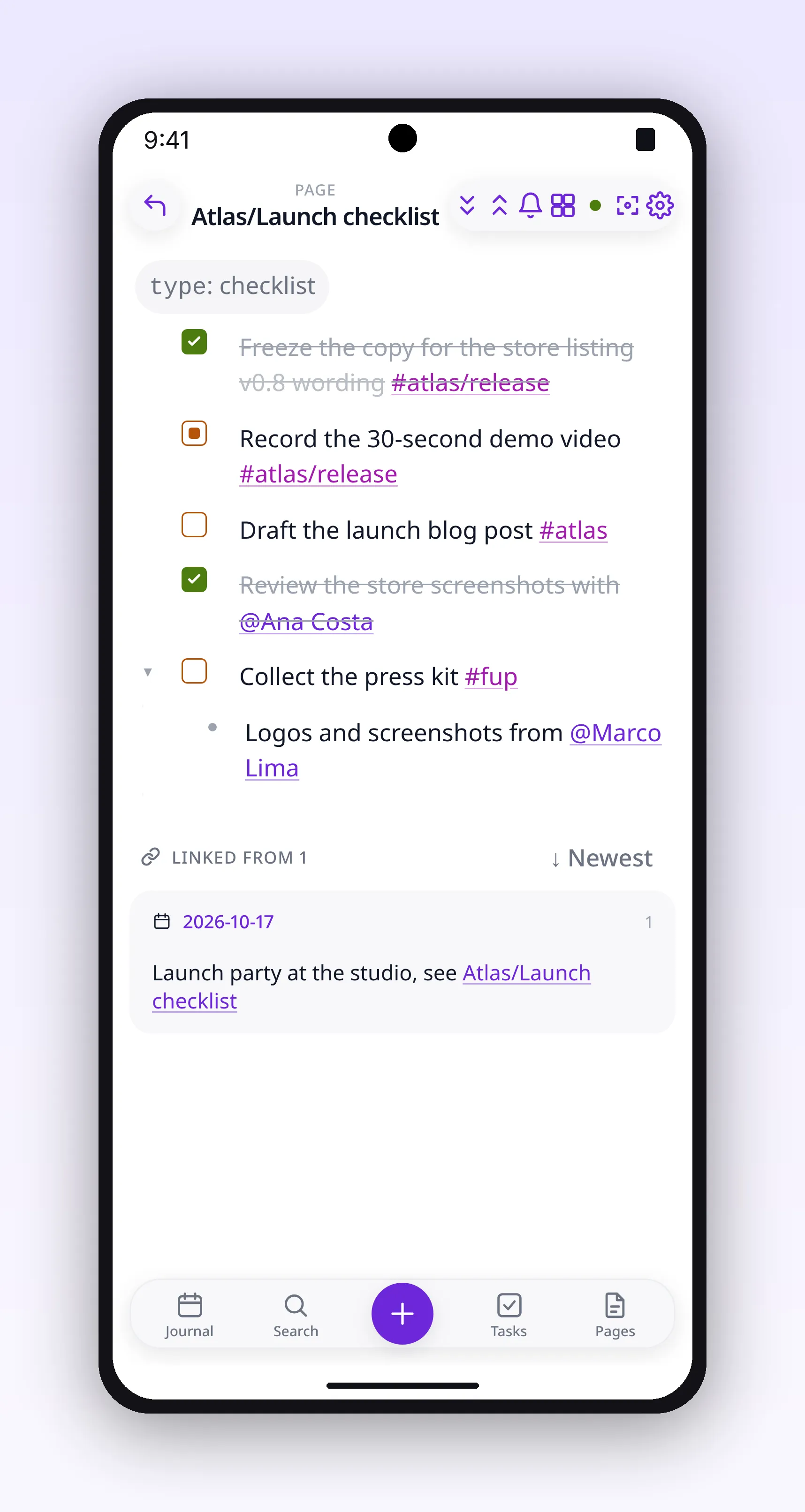a checklist page with open and completed tasks, in outl on the Android app