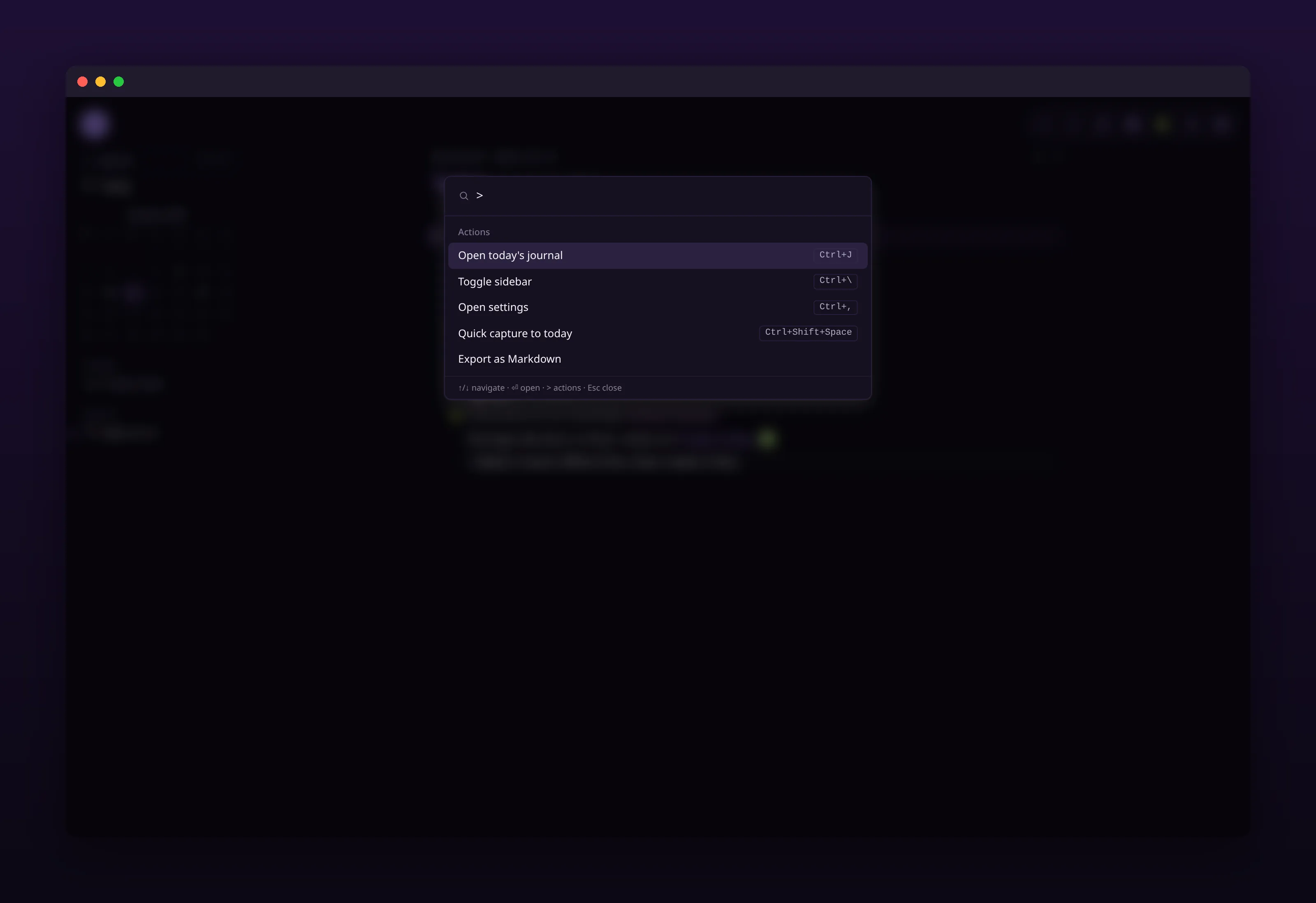 the command palette listing actions with their keyboard chords, in outl on the macOS desktop app