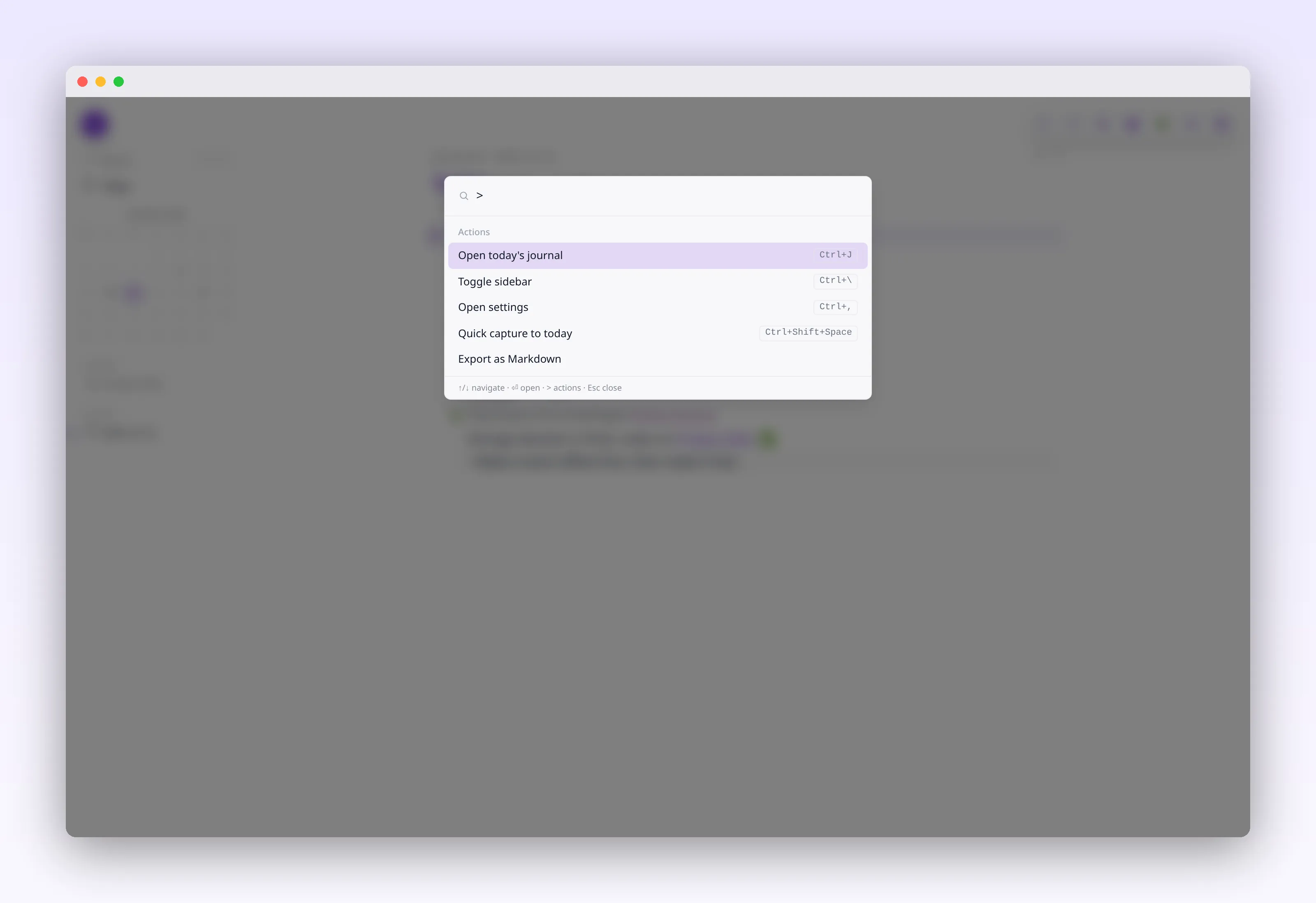 the command palette listing actions with their keyboard chords, in outl on the macOS desktop app