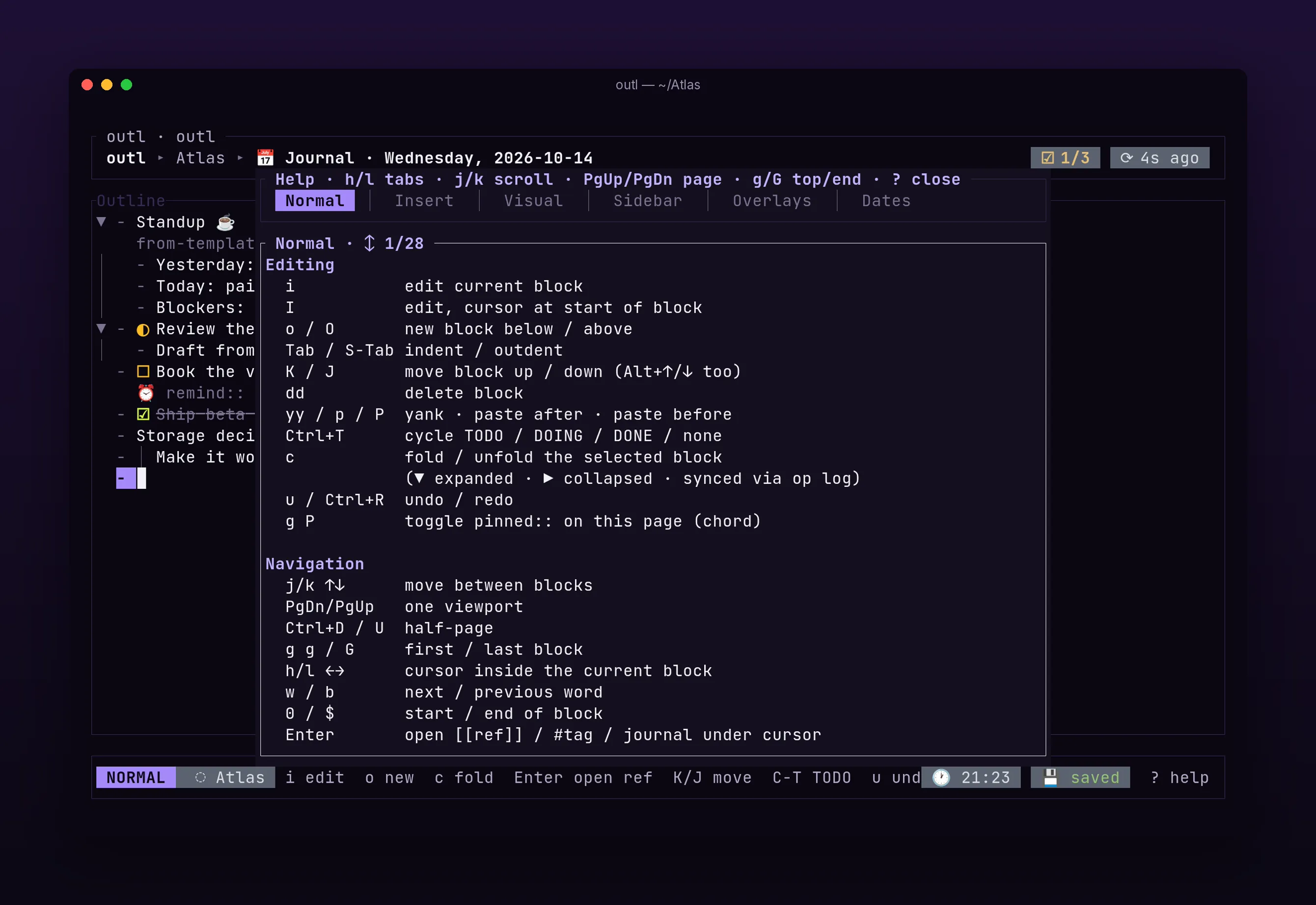 the terminal help popup listing keybindings by section, in outl on the terminal UI