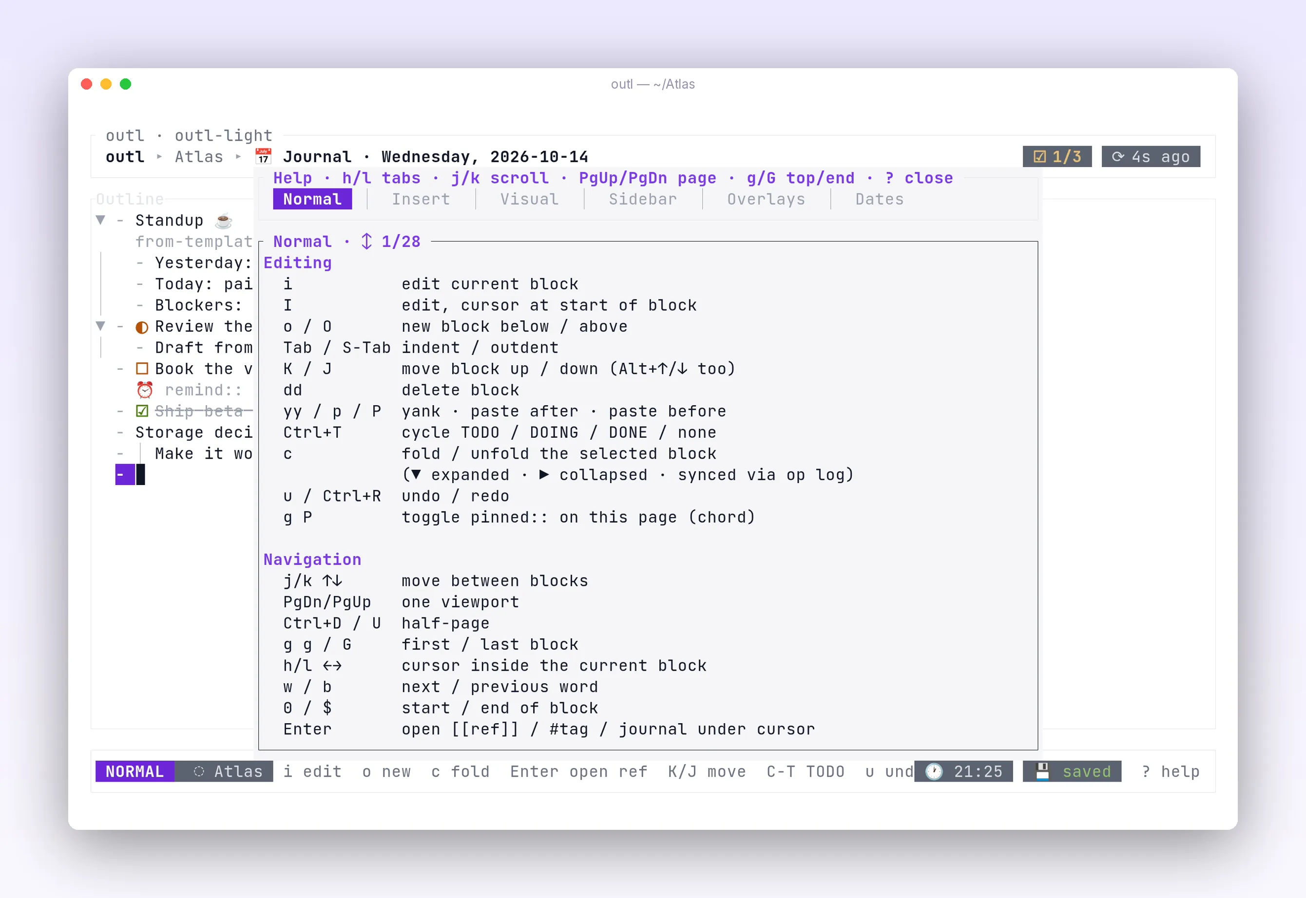 the terminal help popup listing keybindings by section, in outl on the terminal UI