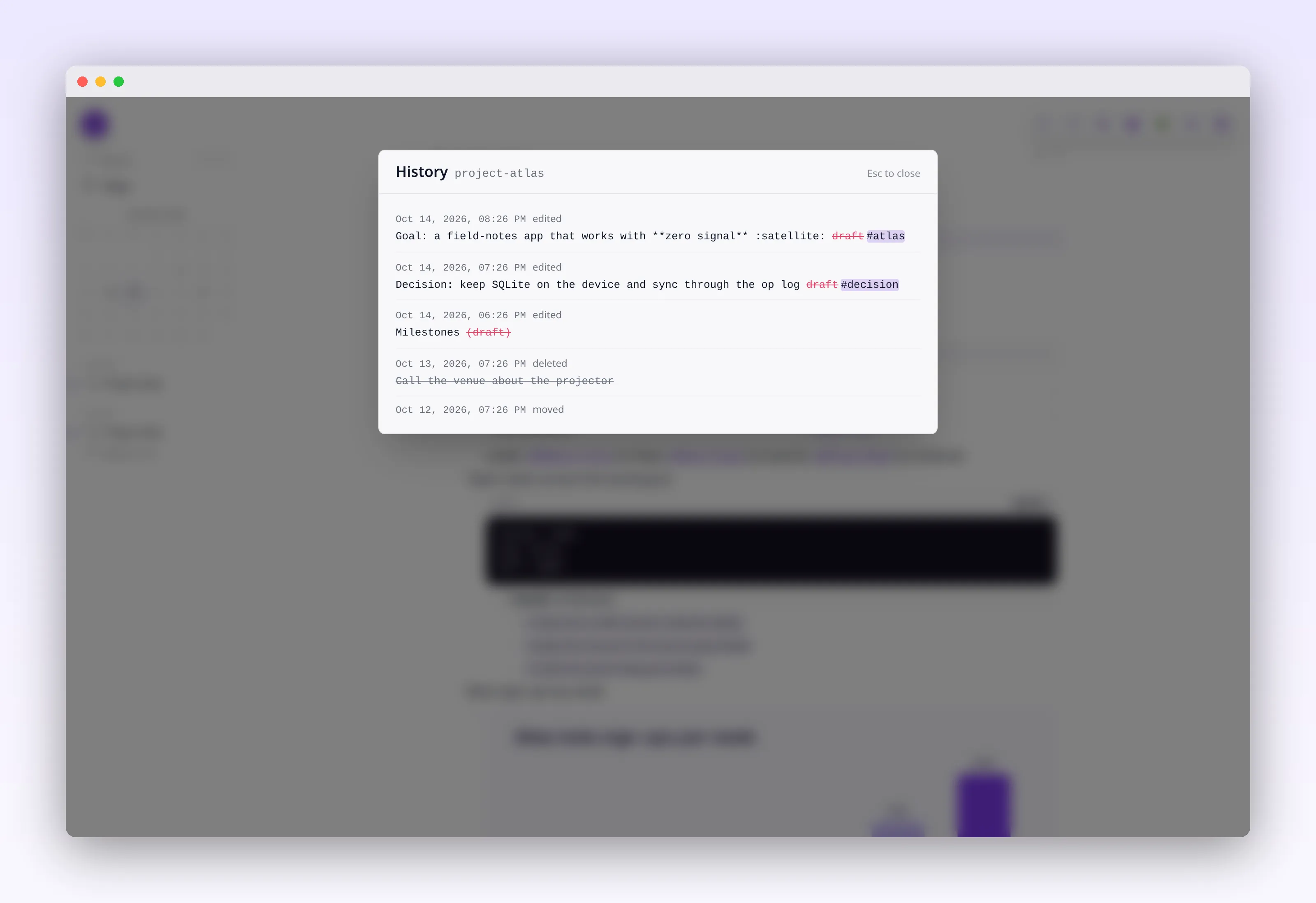 page history showing a word-level diff with a restore action, in outl on the macOS desktop app