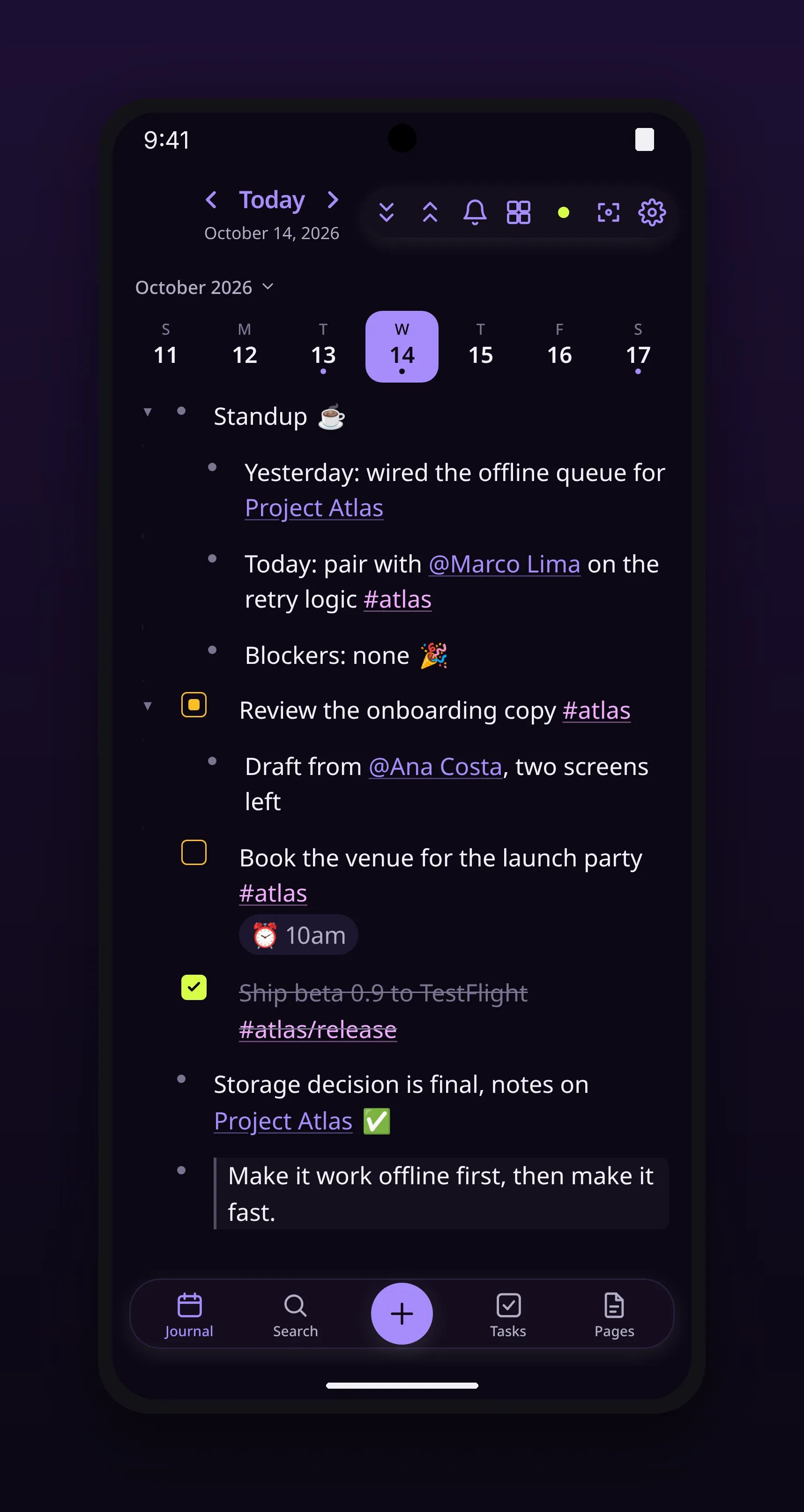 today's journal, with nested bullets, tasks and tags, in outl on the Android app