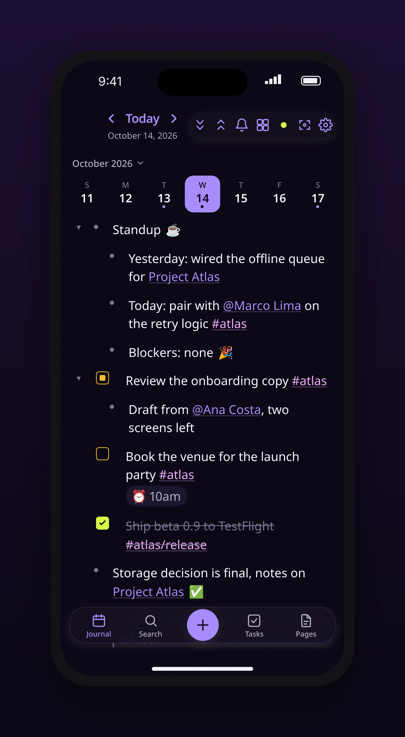 today's journal, with nested bullets, tasks and tags, in outl on the iOS app