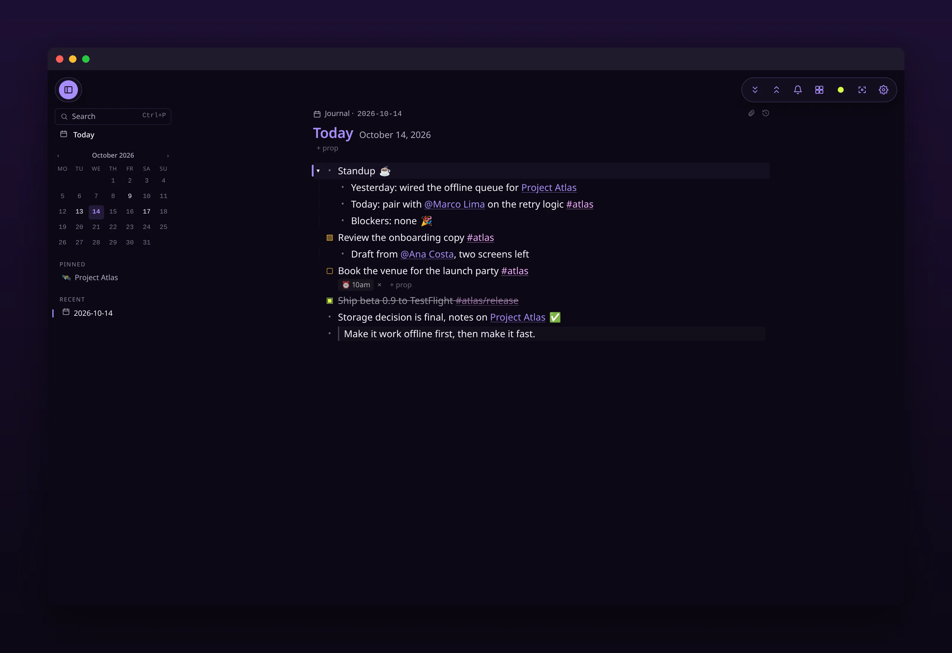 today's journal, with nested bullets, tasks and tags, in outl on the macOS desktop app