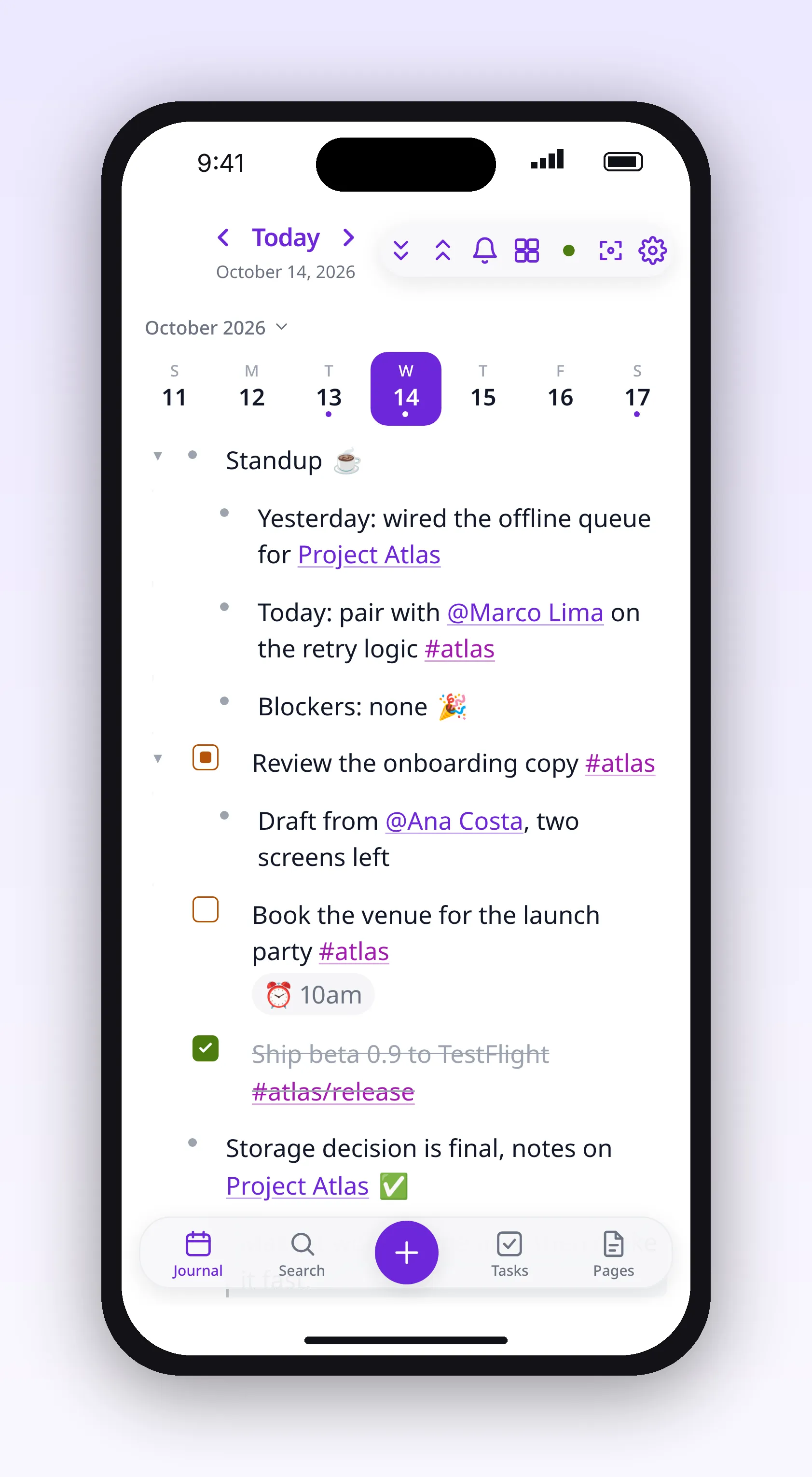 today's journal, with nested bullets, tasks and tags, in outl on the iOS app