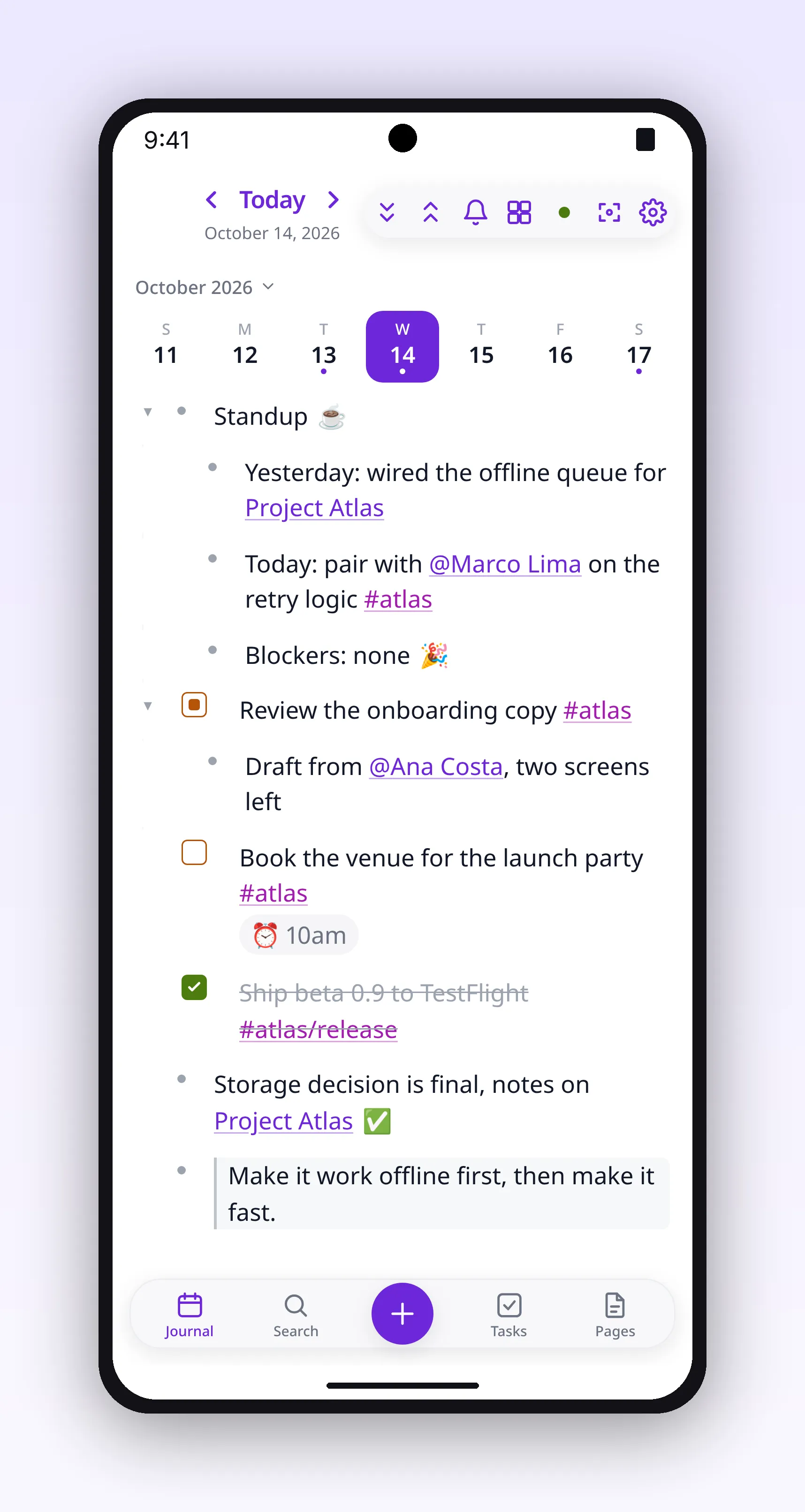 today's journal, with nested bullets, tasks and tags, in outl on the Android app