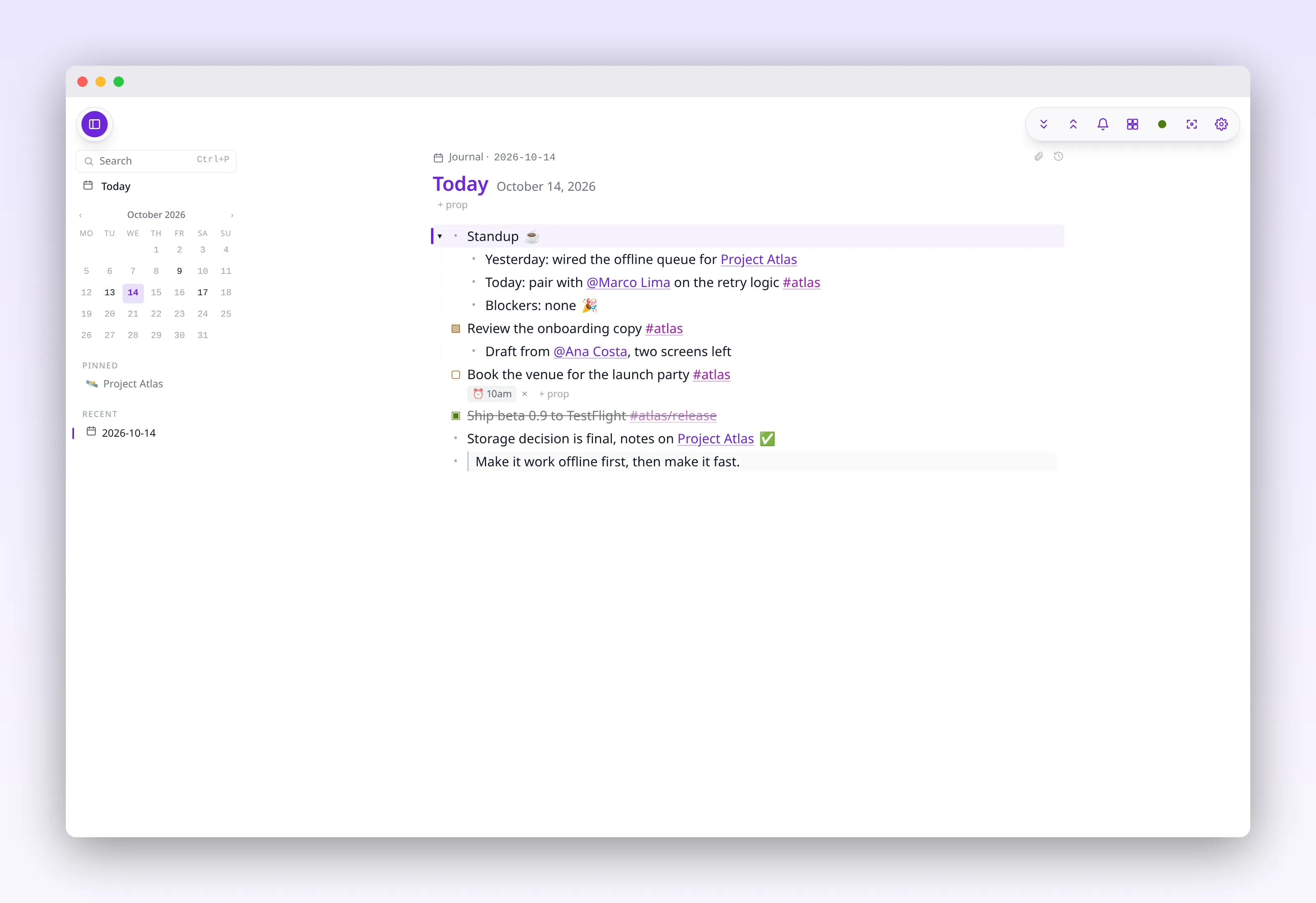 today's journal, with nested bullets, tasks and tags, in outl on the macOS desktop app