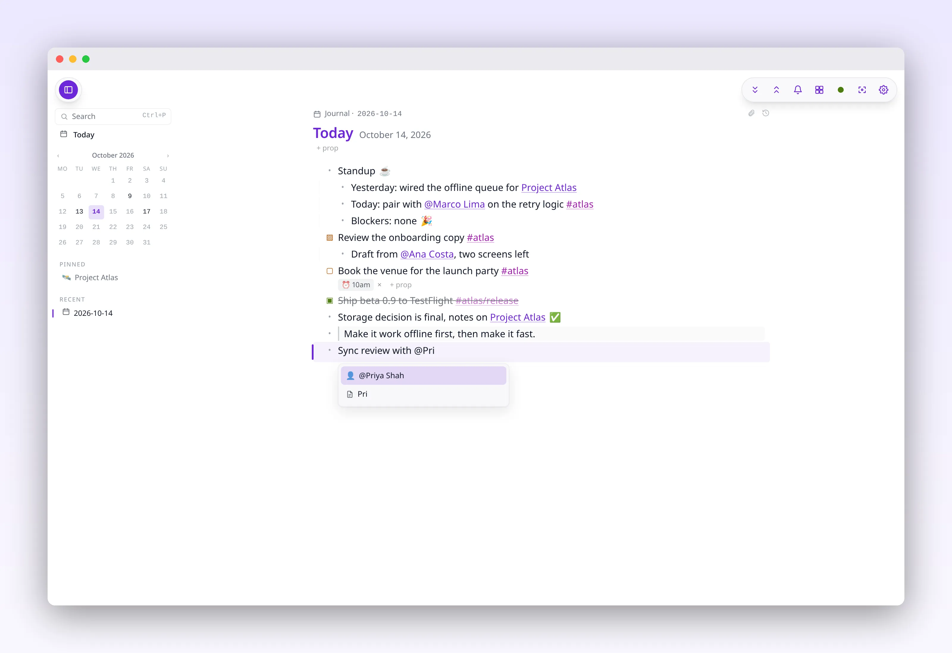 an @ mention autocomplete suggesting people while typing, in outl on the macOS desktop app
