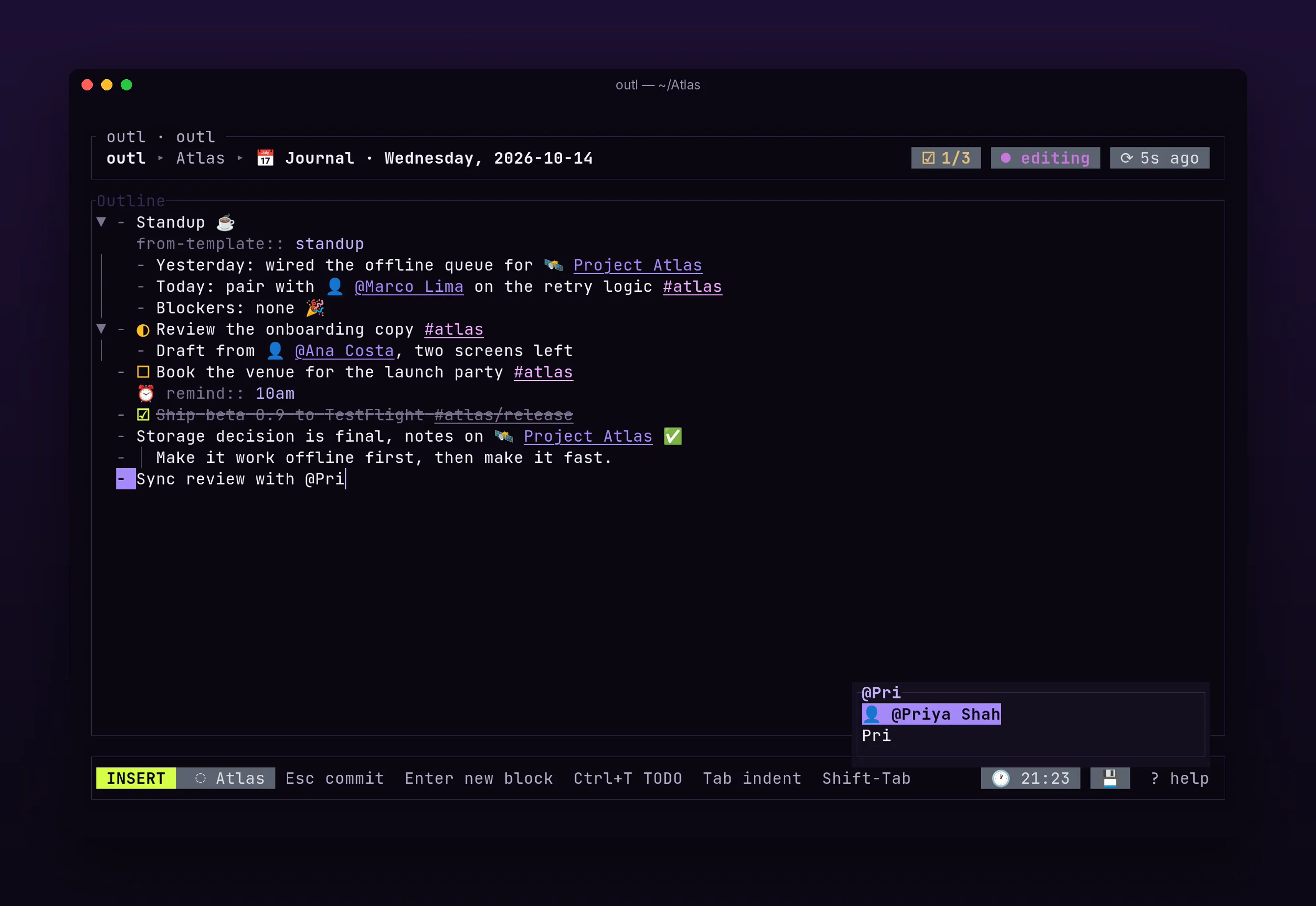 an @ mention autocomplete suggesting people while typing, in outl on the terminal UI