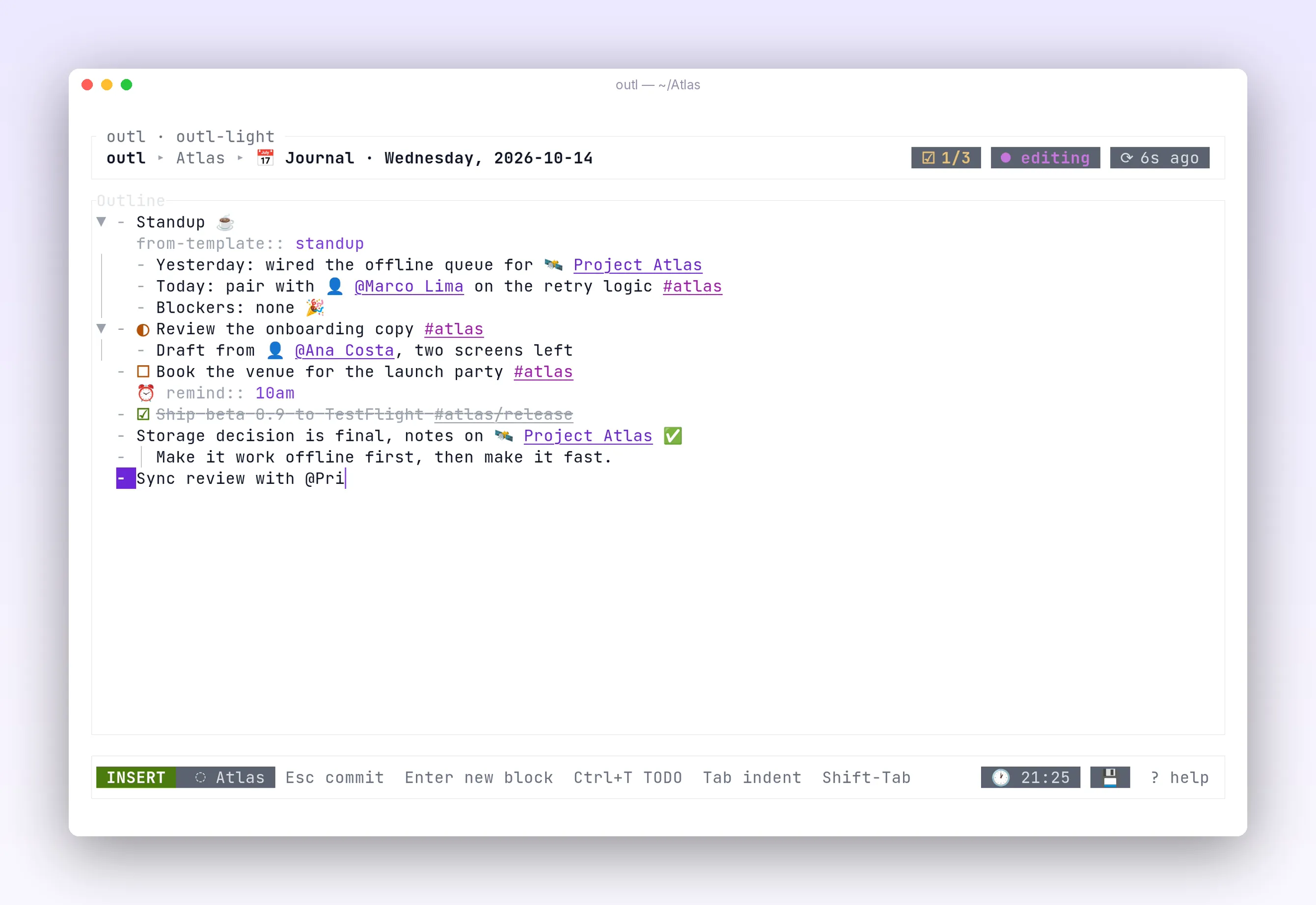 an @ mention autocomplete suggesting people while typing, in outl on the terminal UI