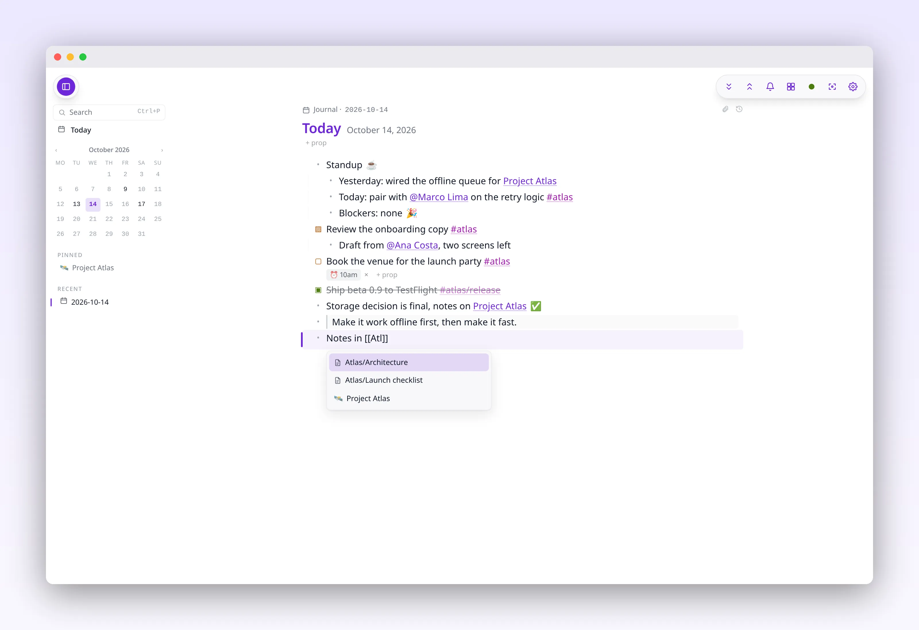 a double-bracket autocomplete suggesting pages to link, in outl on the macOS desktop app