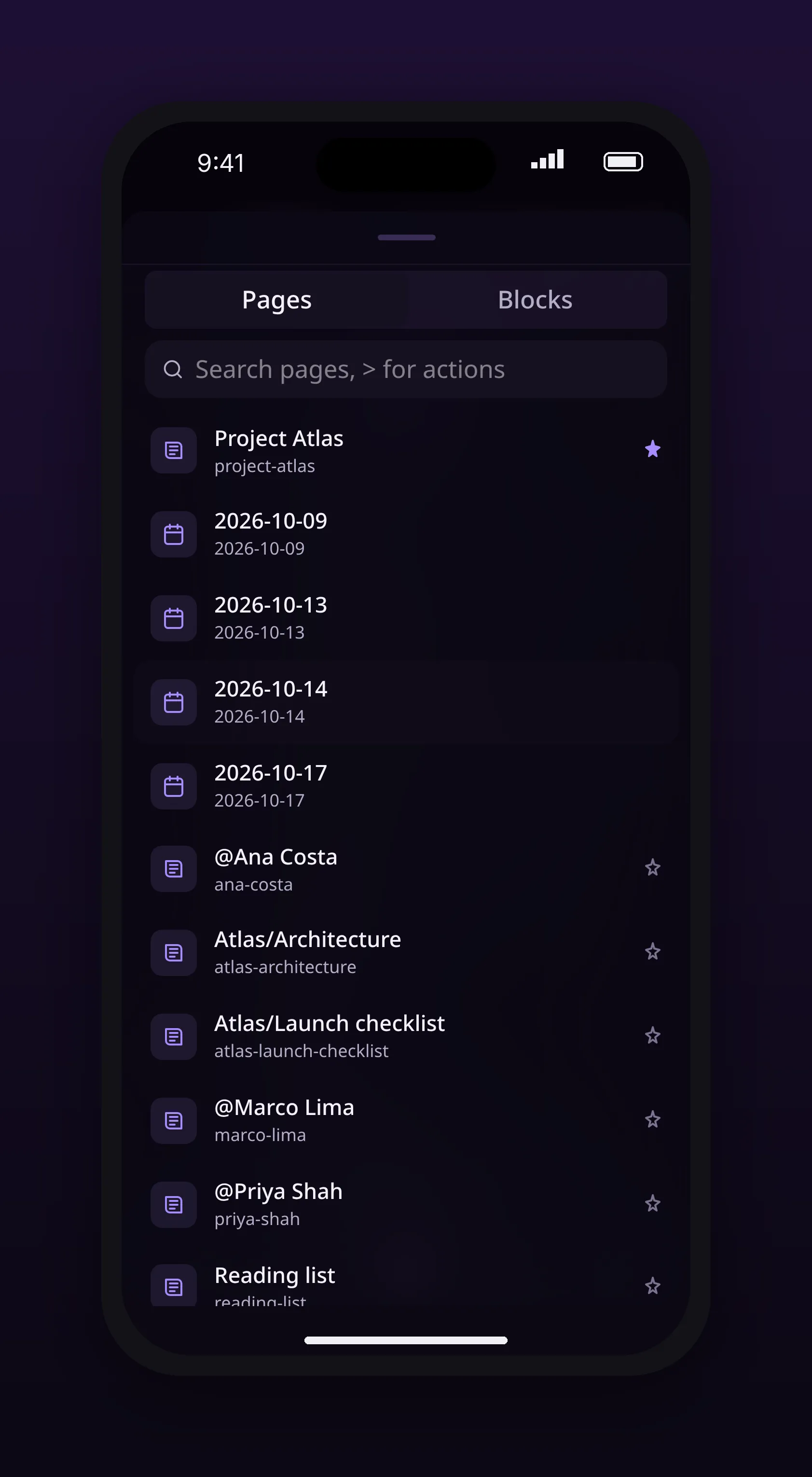 a list of every page in the workspace with pinned ones first, in outl on the iOS app