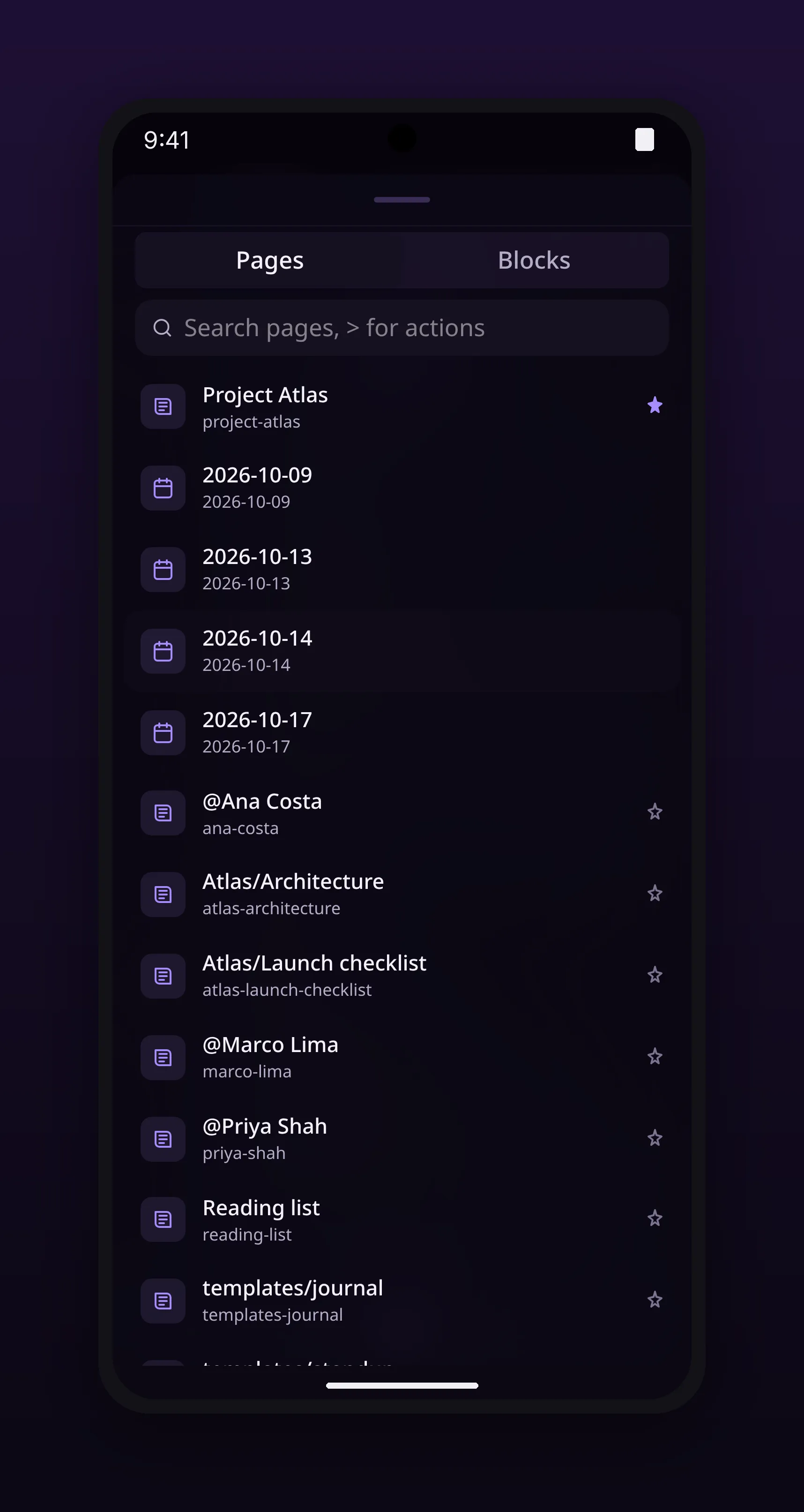 a list of every page in the workspace with pinned ones first, in outl on the Android app