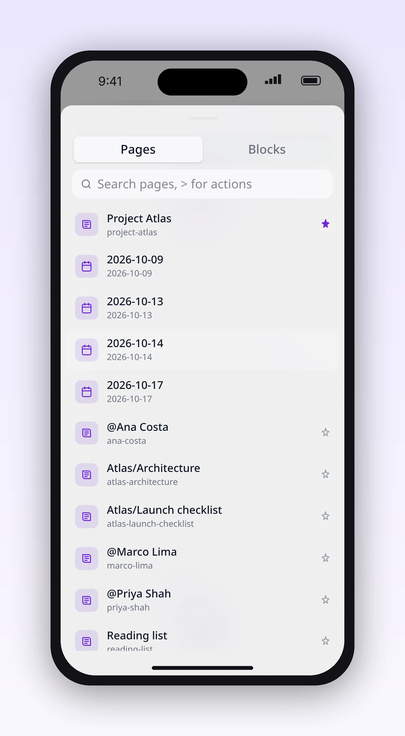 a list of every page in the workspace with pinned ones first, in outl on the iOS app