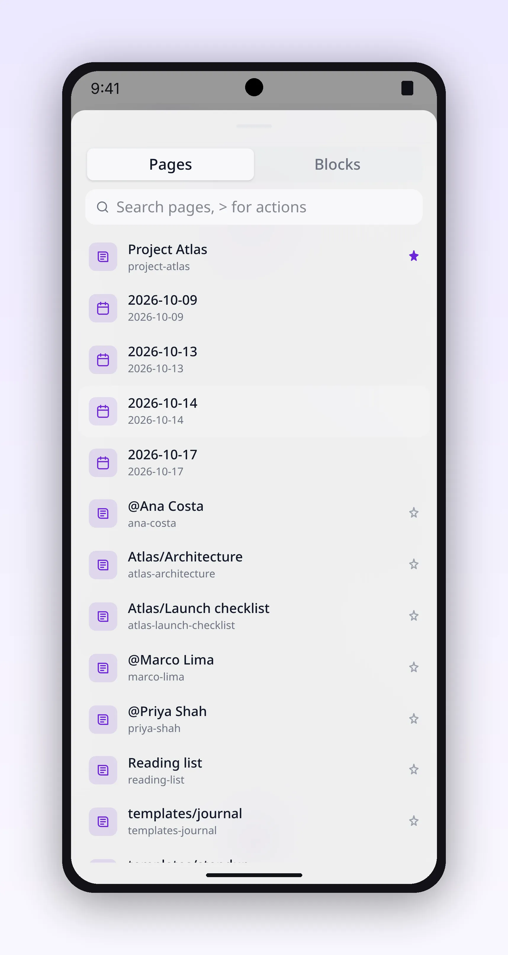 a list of every page in the workspace with pinned ones first, in outl on the Android app