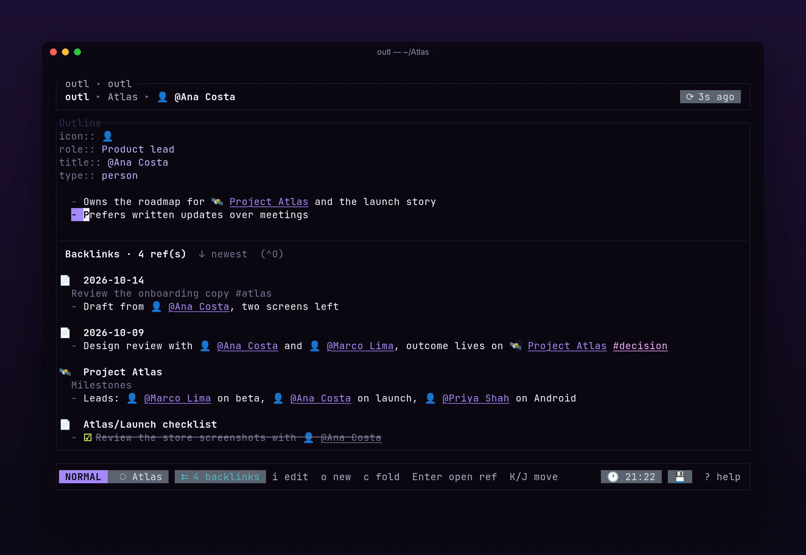 a person page listing the blocks that link to it, in outl on the terminal UI
