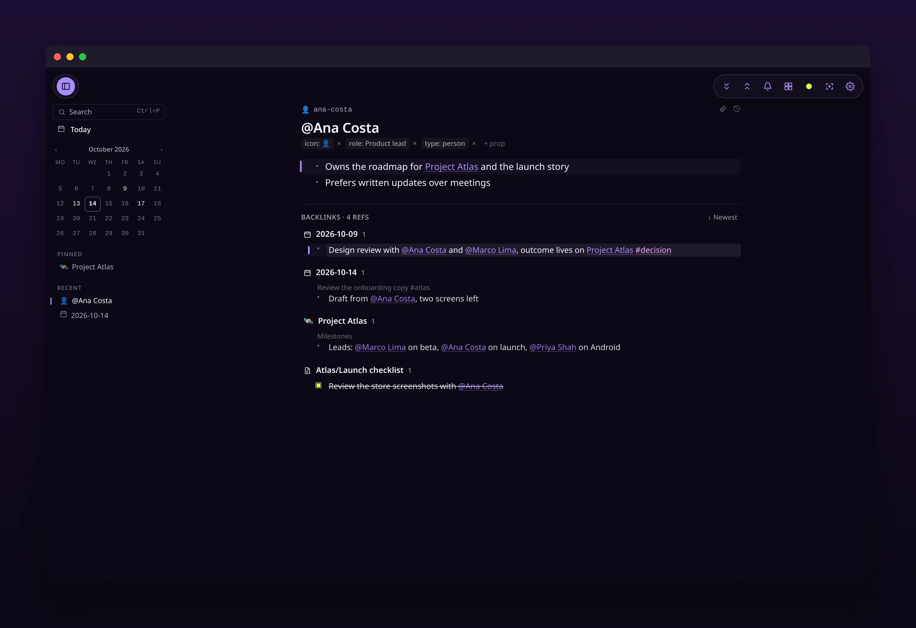 a person page listing the blocks that link to it, in outl on the macOS desktop app