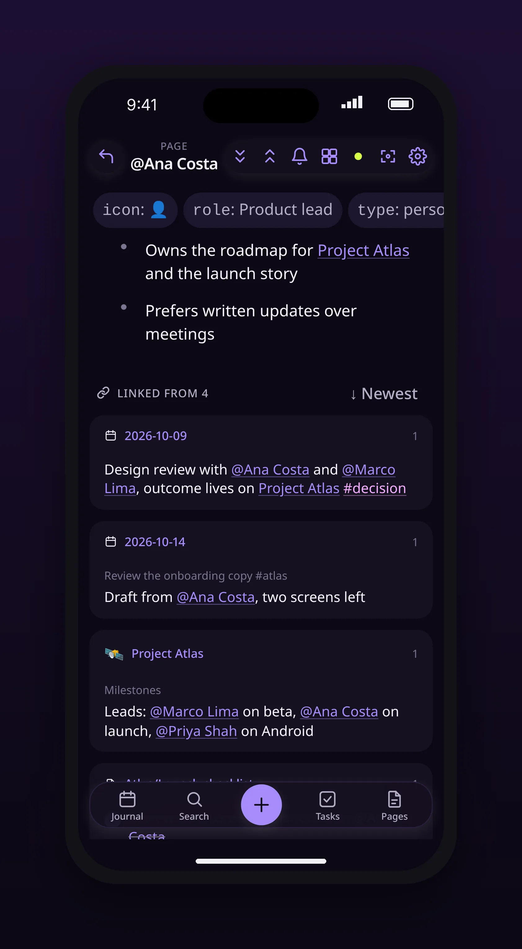 a person page listing the blocks that link to it, in outl on the iOS app