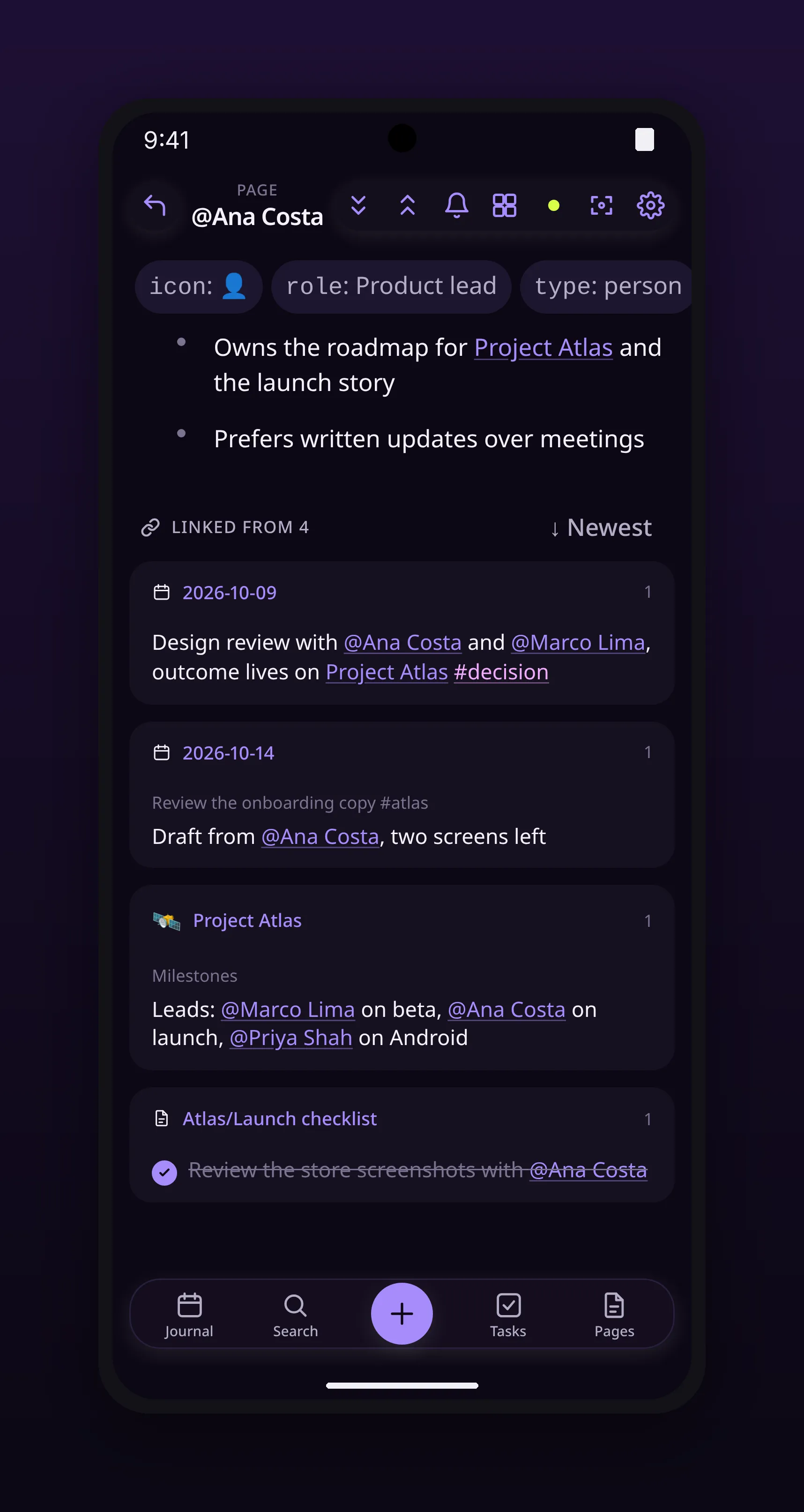 a person page listing the blocks that link to it, in outl on the Android app