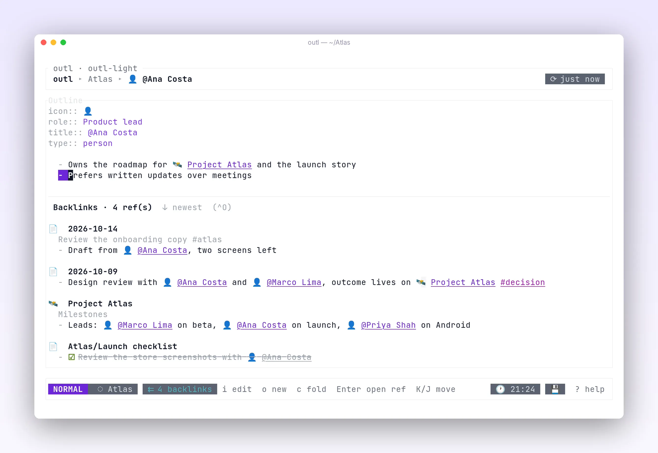 a person page listing the blocks that link to it, in outl on the terminal UI