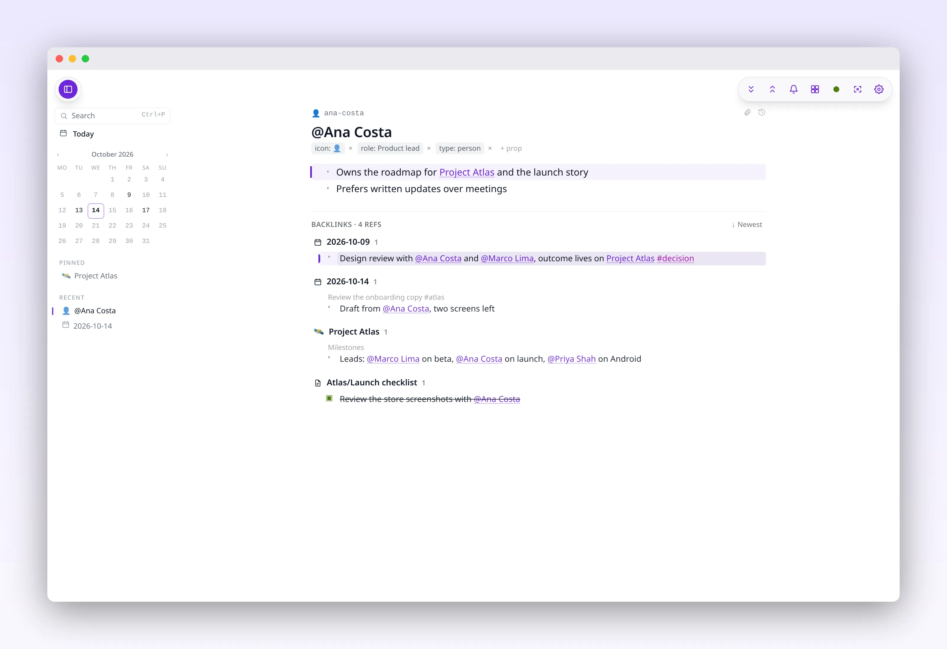 a person page listing the blocks that link to it, in outl on the macOS desktop app